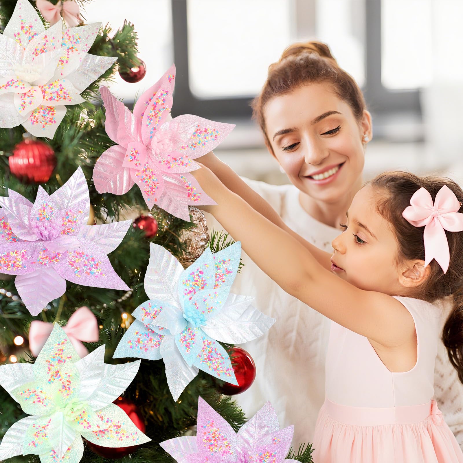 Soulchen 12 Pcs Pastel Christmas Poinsettia Flowers with Stems 9.8 Artificial Pastel Poinsettia Candy Christmas Tree Ornaments