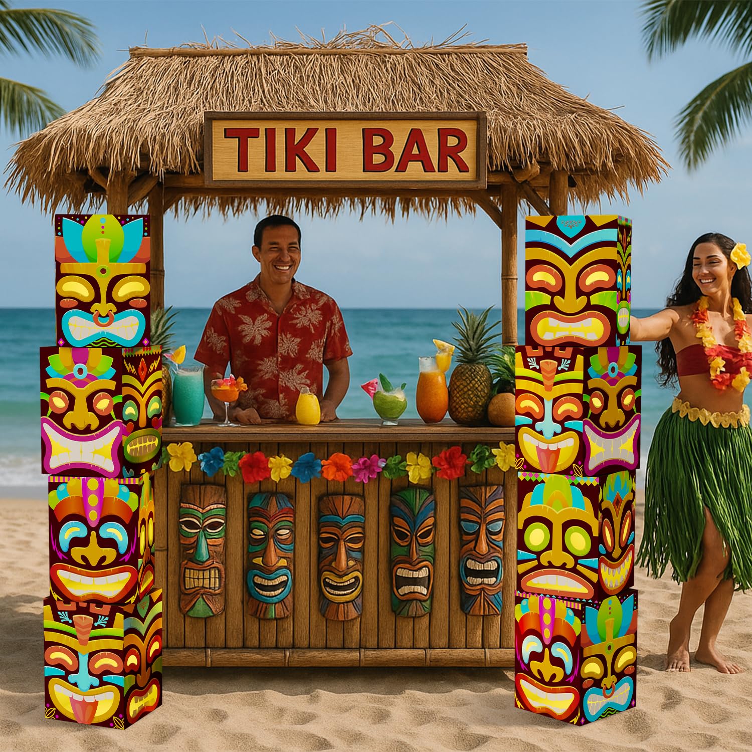8 Pcs Tiki Totem Box Decor with Light, Luau Party Decorations for Hawaiian Birthday Party Tropical Aloha Decorations Tiki Lighte
