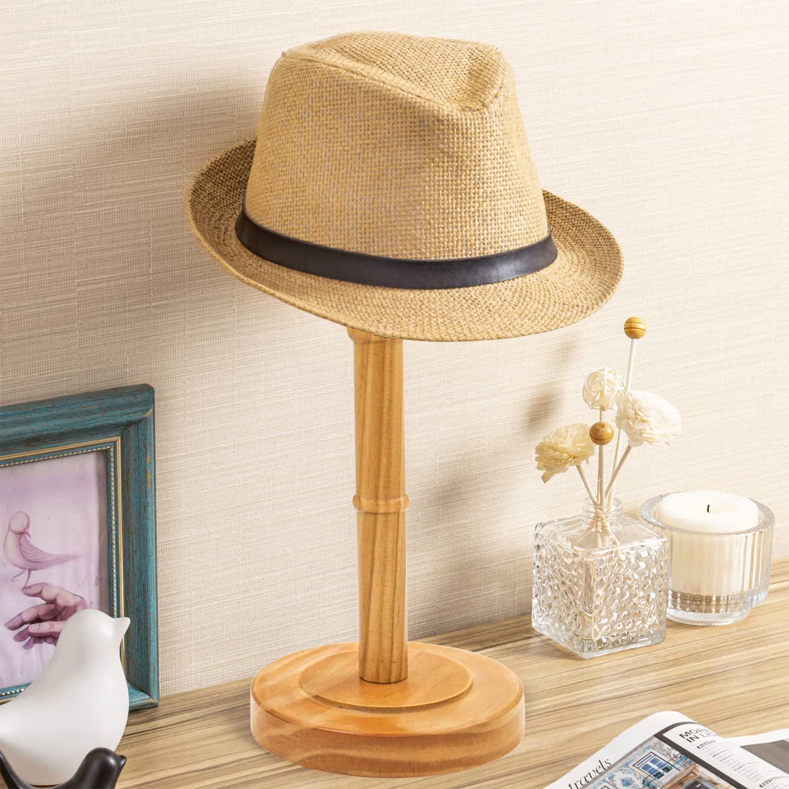 Haibeir Freestanding Hat Stand, Tabletop Hat Rack, Wood Display Stand Holder For Caps And Wigs (Natural)(One Piece)