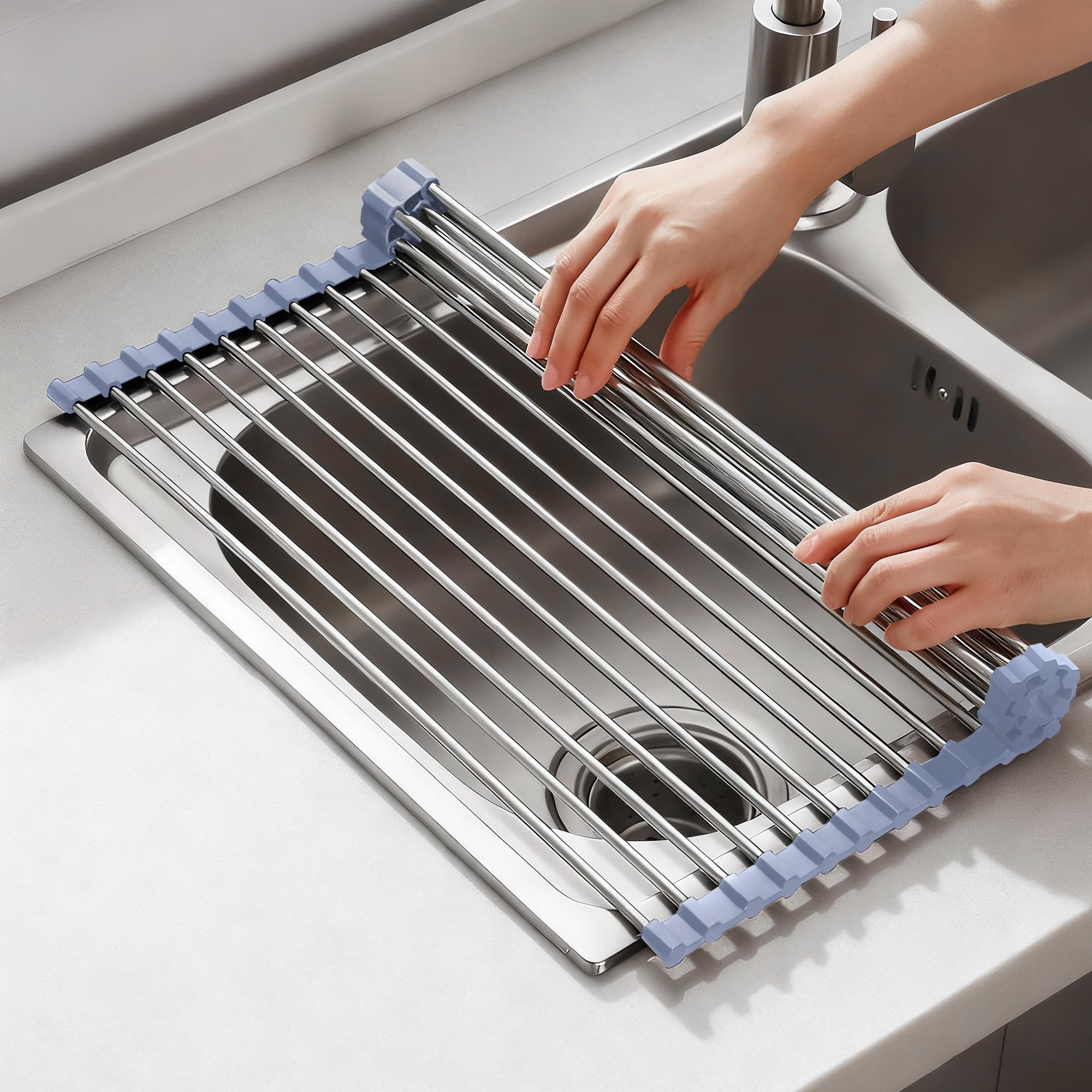NEZUIBAN Drying Rack with Roll Up and Over Sink for Kitchen,17.5x15.7,Gray