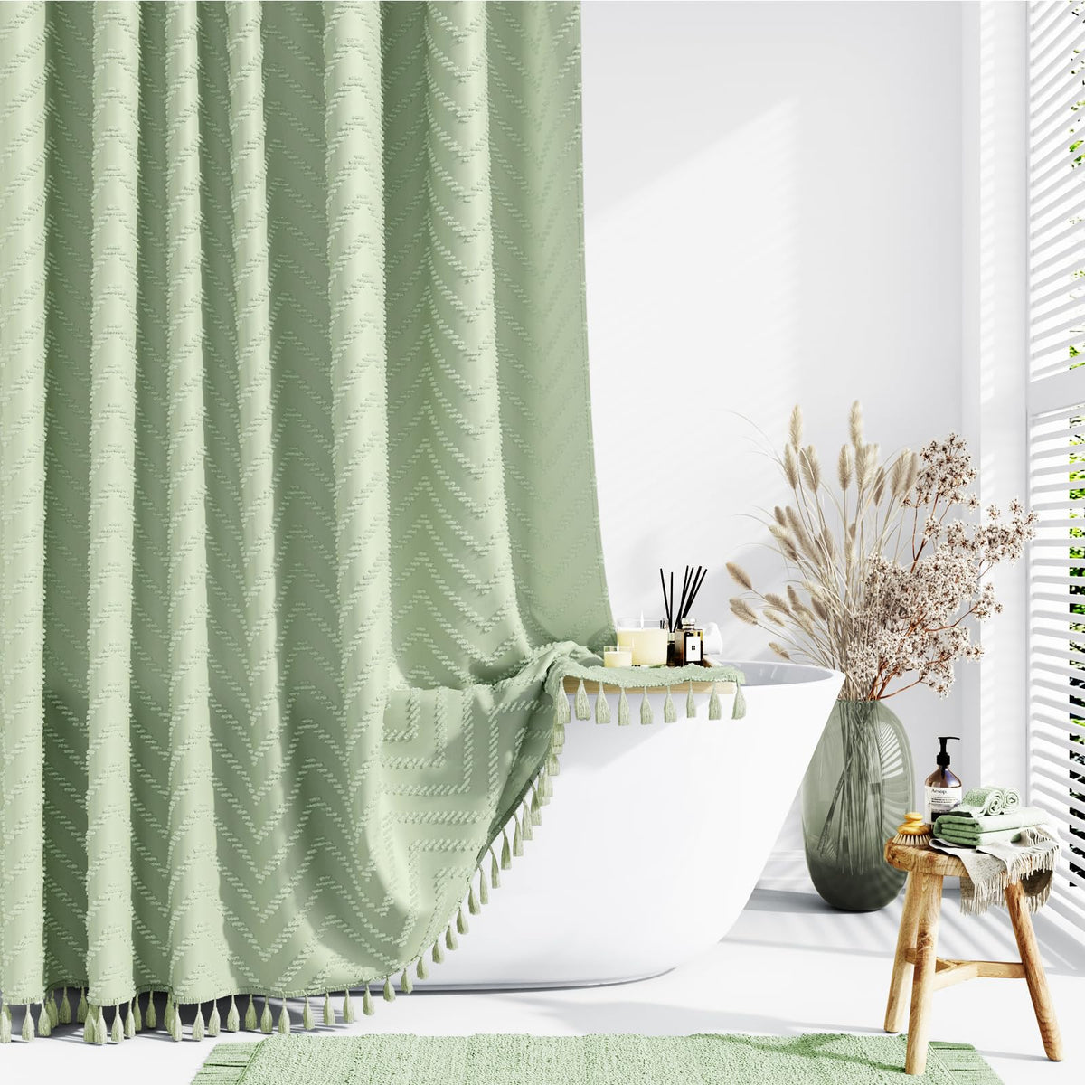 Dynamene Boho Farmhouse Shower Curtain, Sage Green Fabric Tufted Chevron Striped Textured Tassel Shower Curtains For Bathroom, W