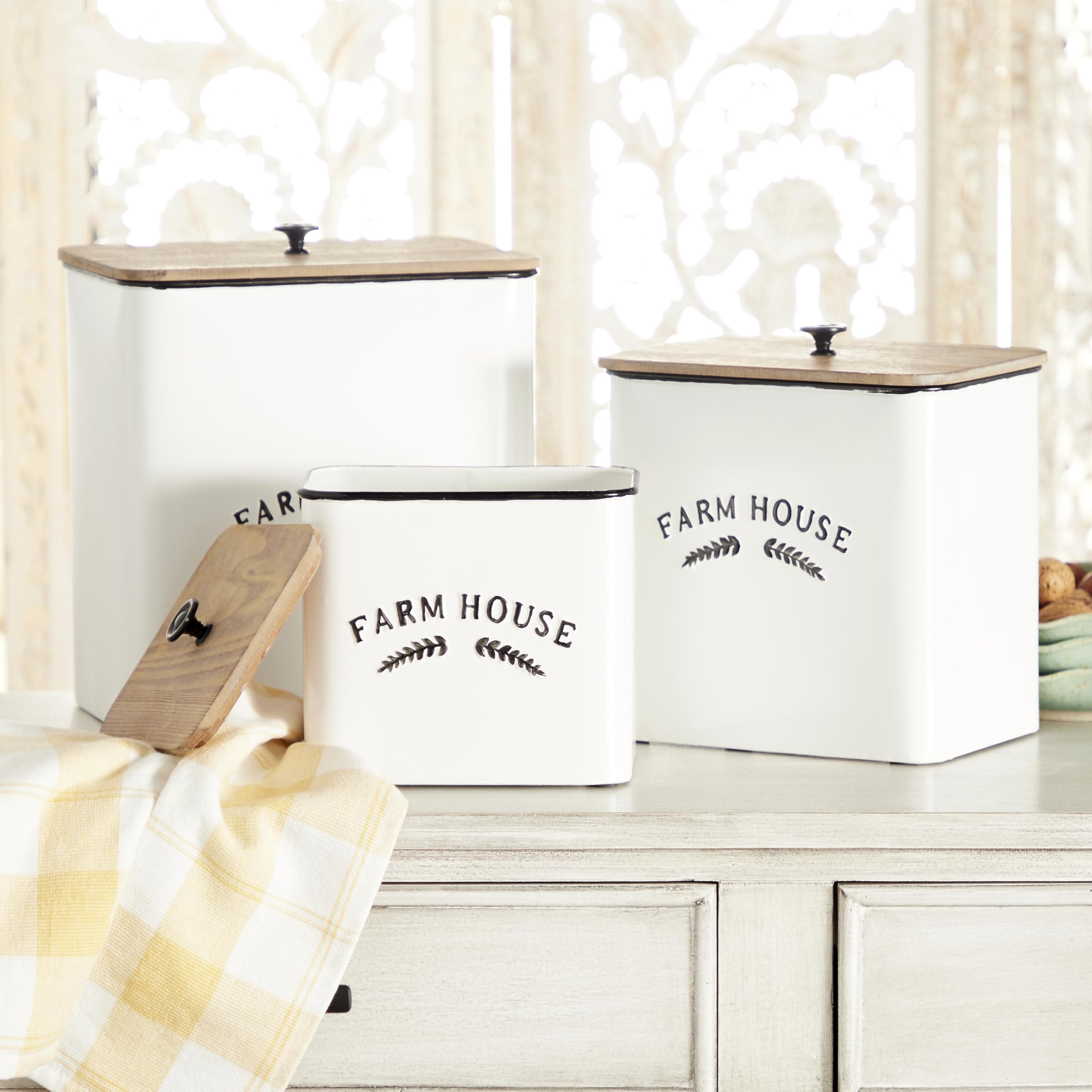 Deco 79 Metal Decorative Canisters Farm House Decorative Containers With Wood Lids And Black Accents, Set Of 3 Decorative Keepsa