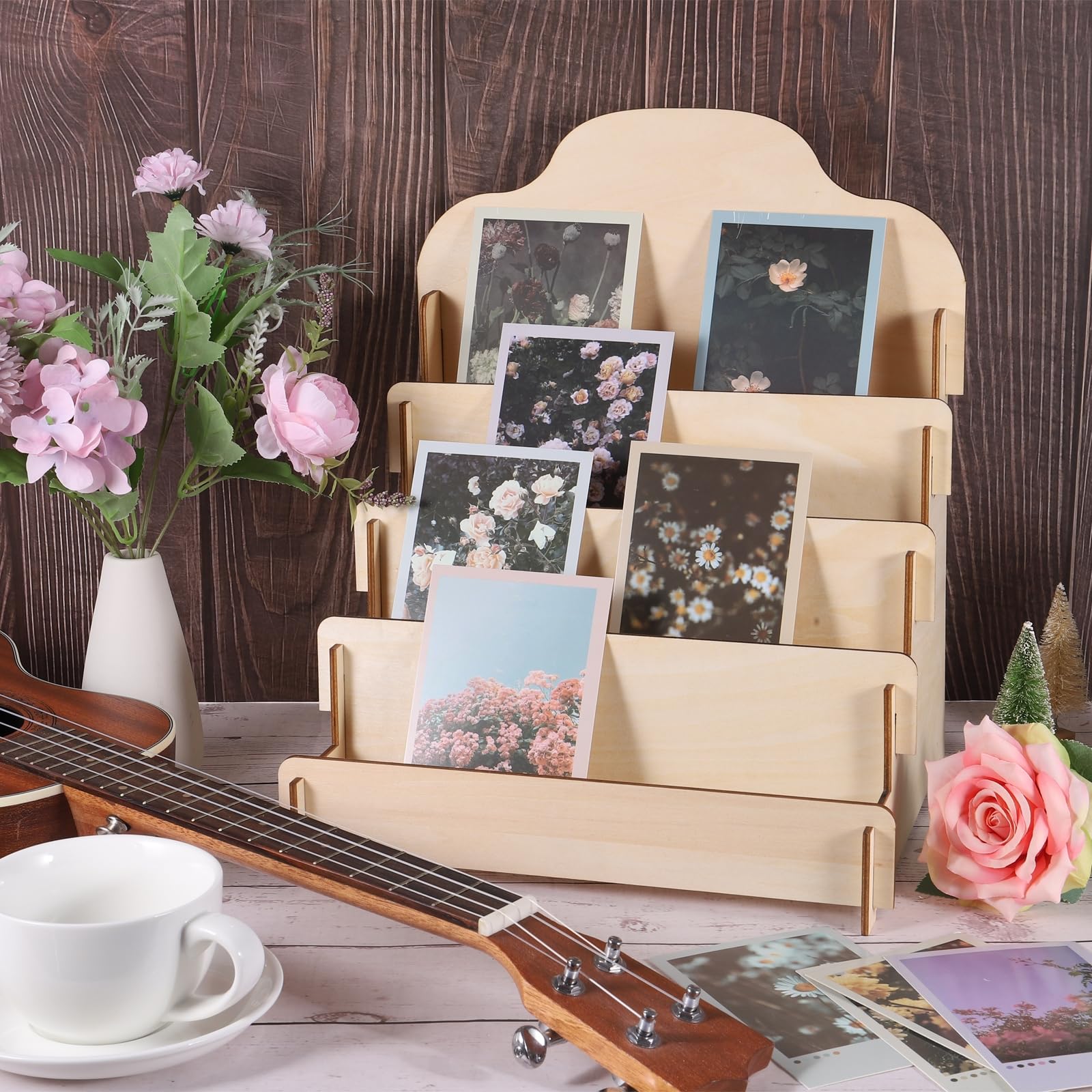 Patikil Greeting Card Display Stand, 4 Tiered Sticker Display Holder Portable Postcard Display Stand Wooden Greeting Card Displa