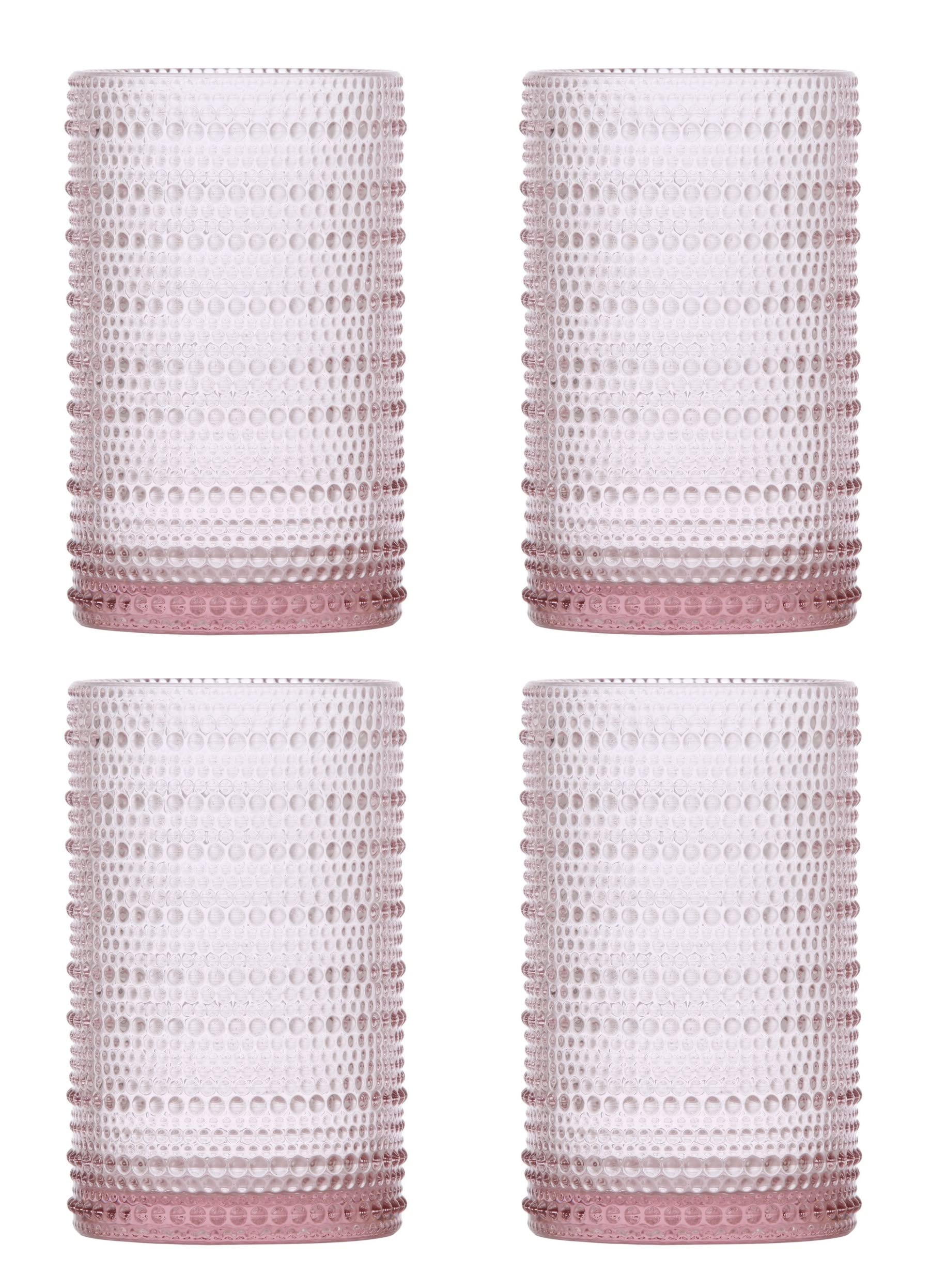 Fortessa Jupiter Beaded Hobnail Glass, 13 Ounce Iced Beverage (Set of 4), Pink