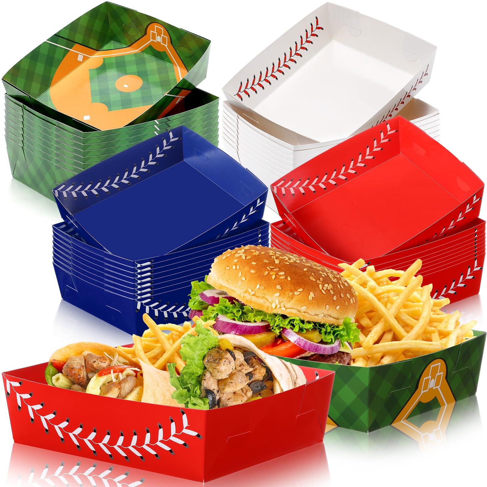 Teling 36 Pcs Baseball Theme Party Supplies Large 5 lb Baseball Plates Trays Food Boat Paper Softball Disposable Nacho Snack Ser