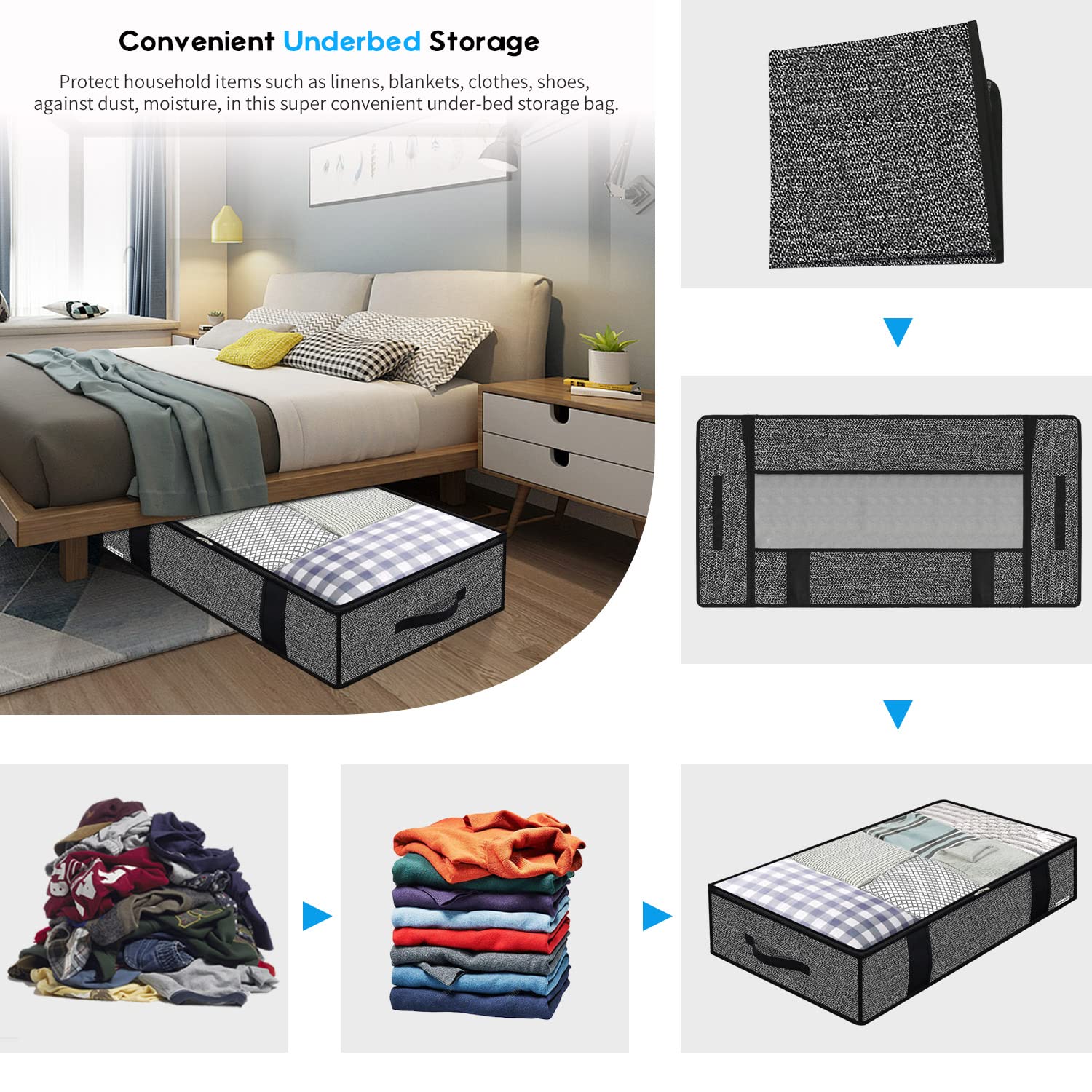 Onlyeasy 4 Pack Under Bed Clothes Storage Bags Organizer with Reinforced Handles and Zippers, Foldable Underbed Storage Containe