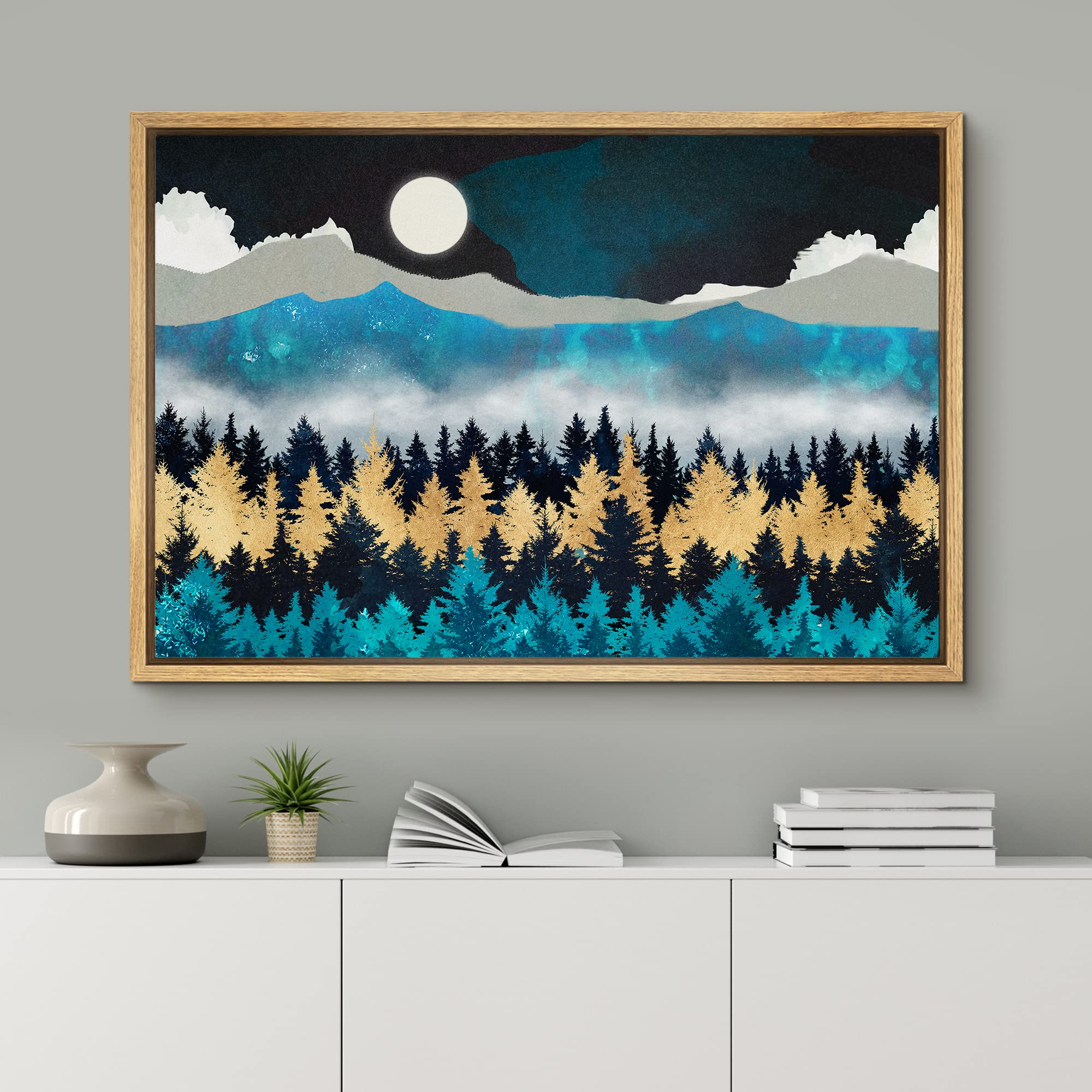 Signford Framed Canvas Print Wall Art Woodland Nursery Decor Teal Granite Mountain Range Forest Nature Wilderness Modern Art Rus