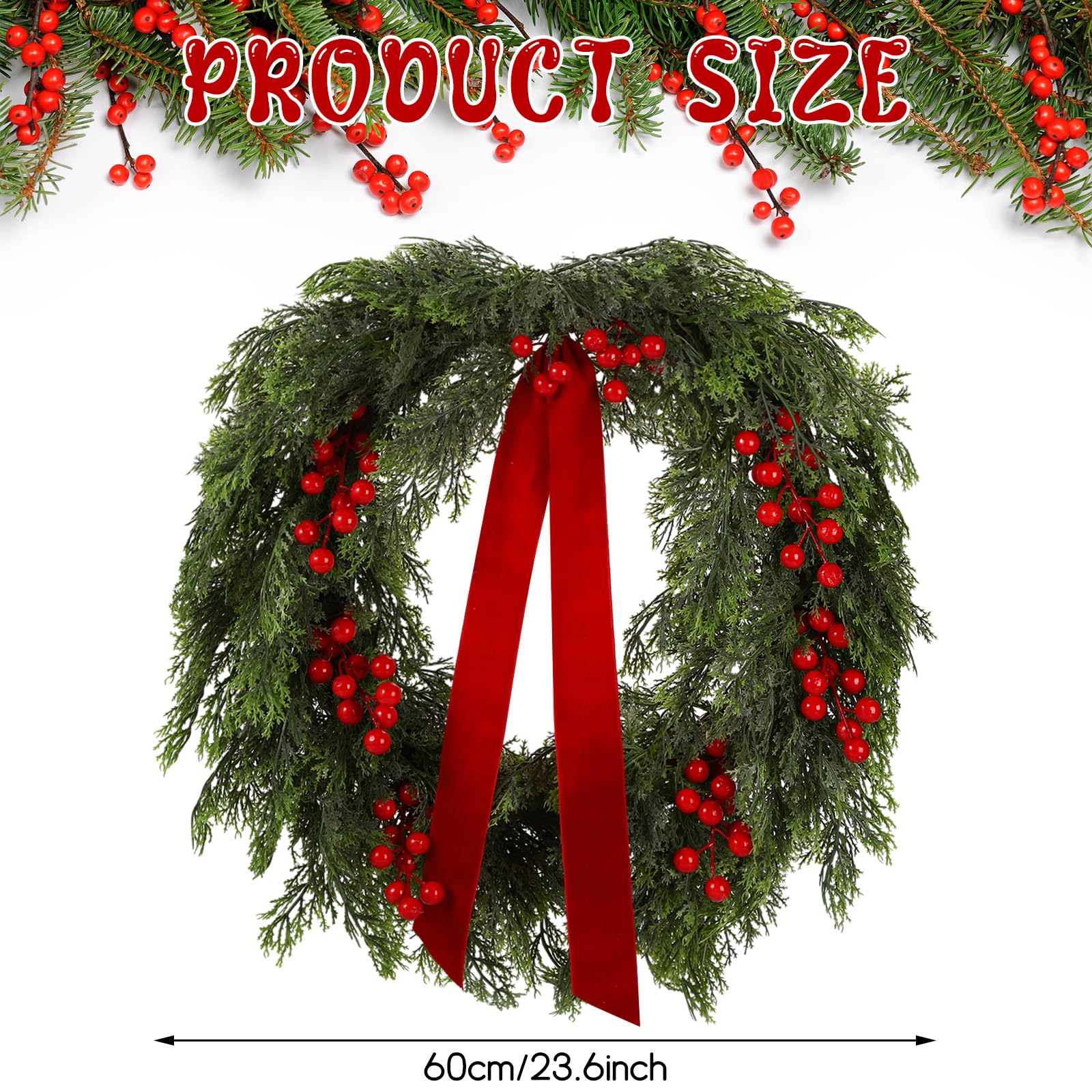 Suncalla 24'' Artificial Cedar Wreath for Front Door Christmas Wreaths Faux Cedar Decorated with Berry and Ribbons Xmas Wreath f