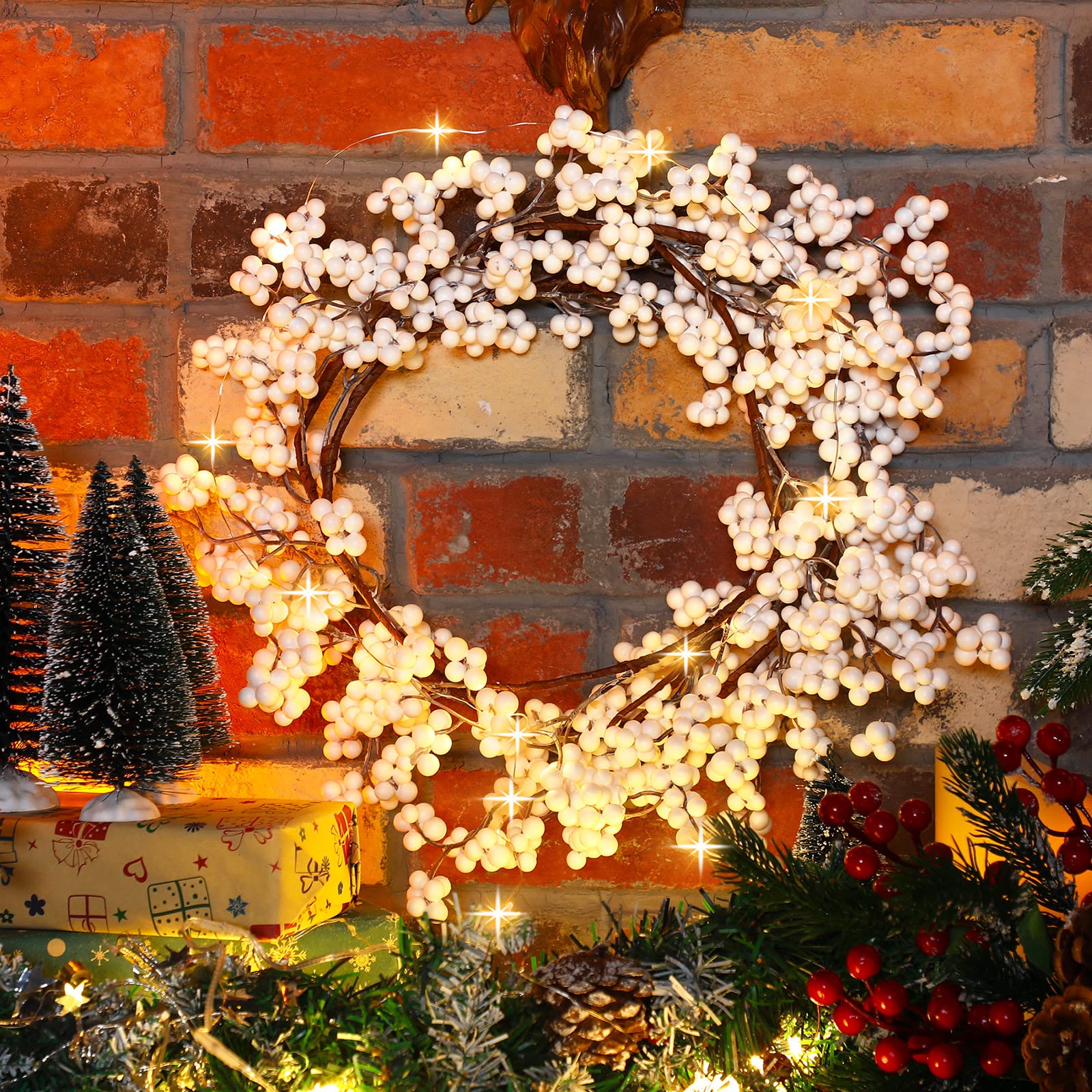Syhood Christmas Berry String Garland with Lights Thanksgiving Artificial Lighted Garland for Home Xmas Winter Tree Decor Office