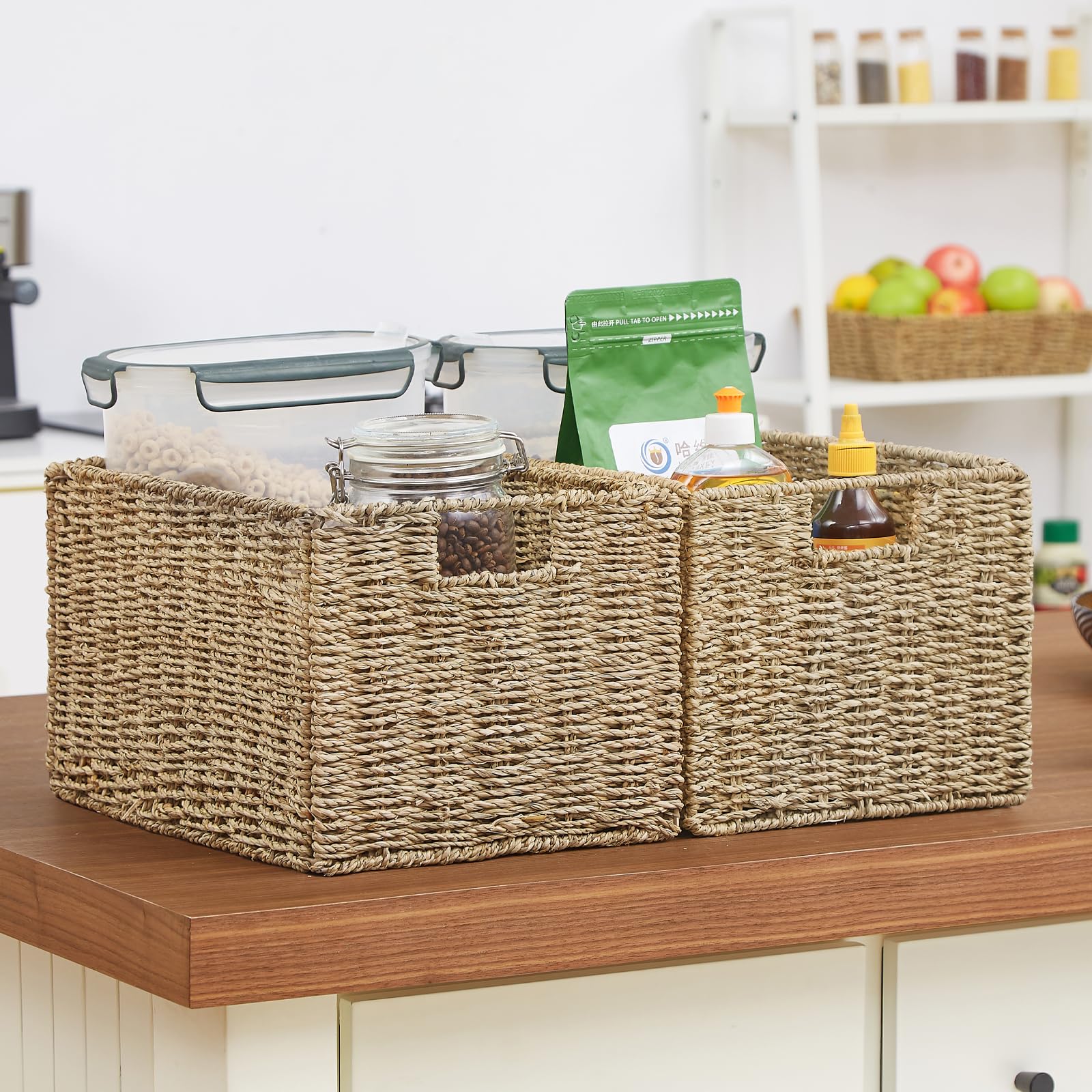 Vagusicc Wicker Basket, Baskets For Organizing, Set Of 2 Woven Seagrass Wicker Storage Basket With Handles, Foldable Large Cube