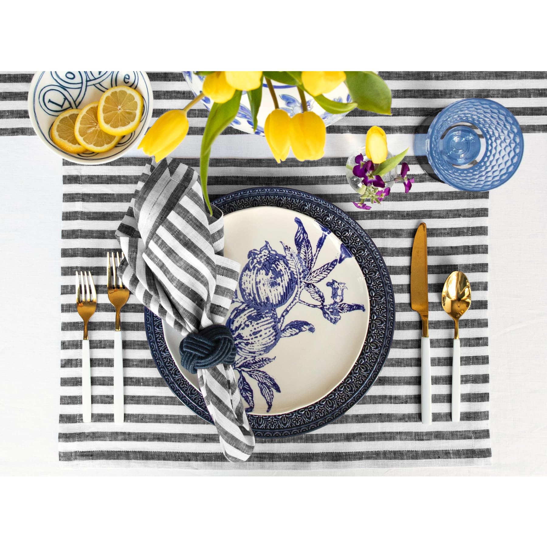 Solino Home Linen Placemats Set of 4 - Amalfi Stripe Black and White Placemats 14 x 19 Inch - 100% Pure Linen Place Mats for Fal