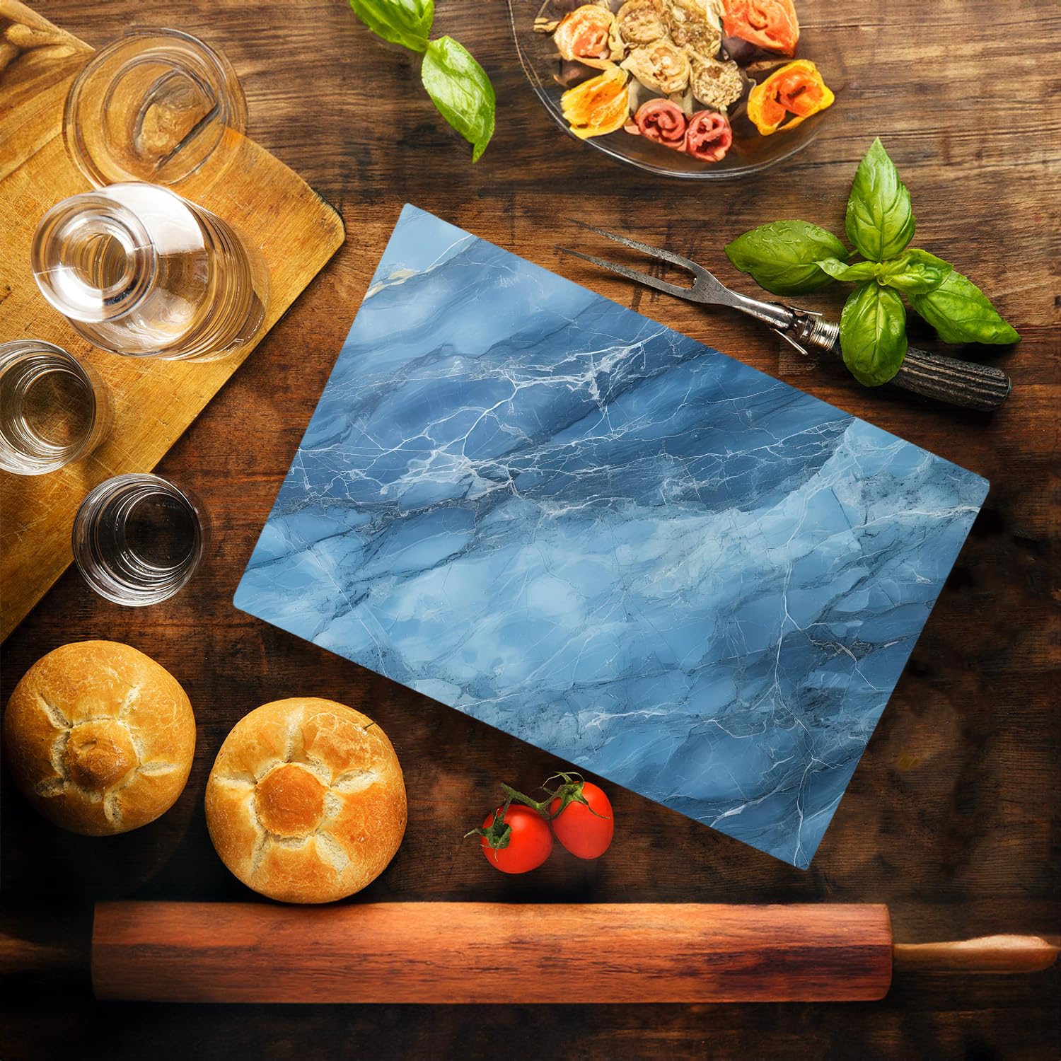 Blue Marble Kitchen Glass Cutting Board Ocean Decorative Gift Marbled Granite Stone Rock Gift For Her Mom Wife (Blue Marble)