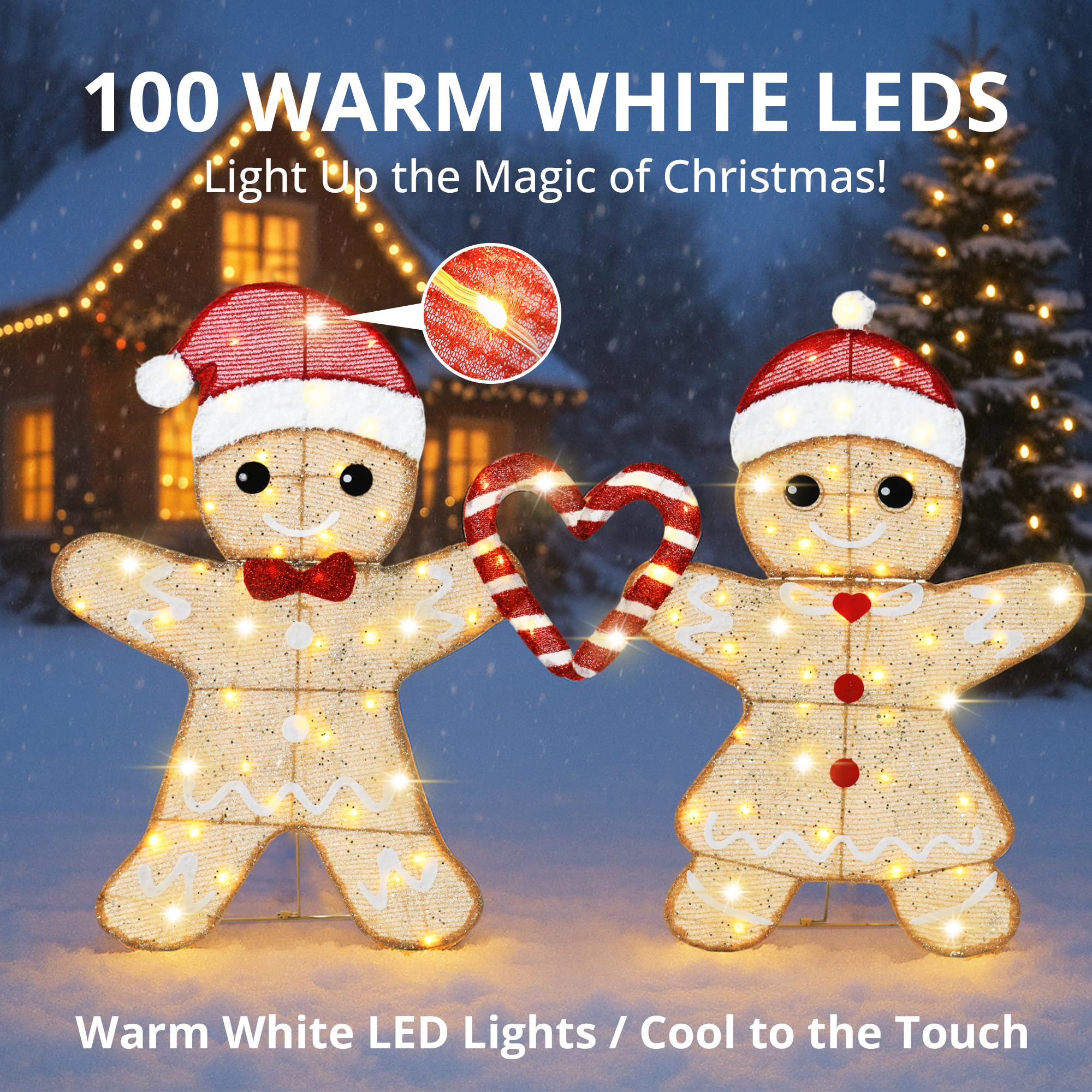 VELTENOVAIRE 32H Outdoor Gingerbread Lights, 2D Pre-lit Holiday Lawn Lights Christmas Decorations, 100 Warm White LEDs, Stake-Do