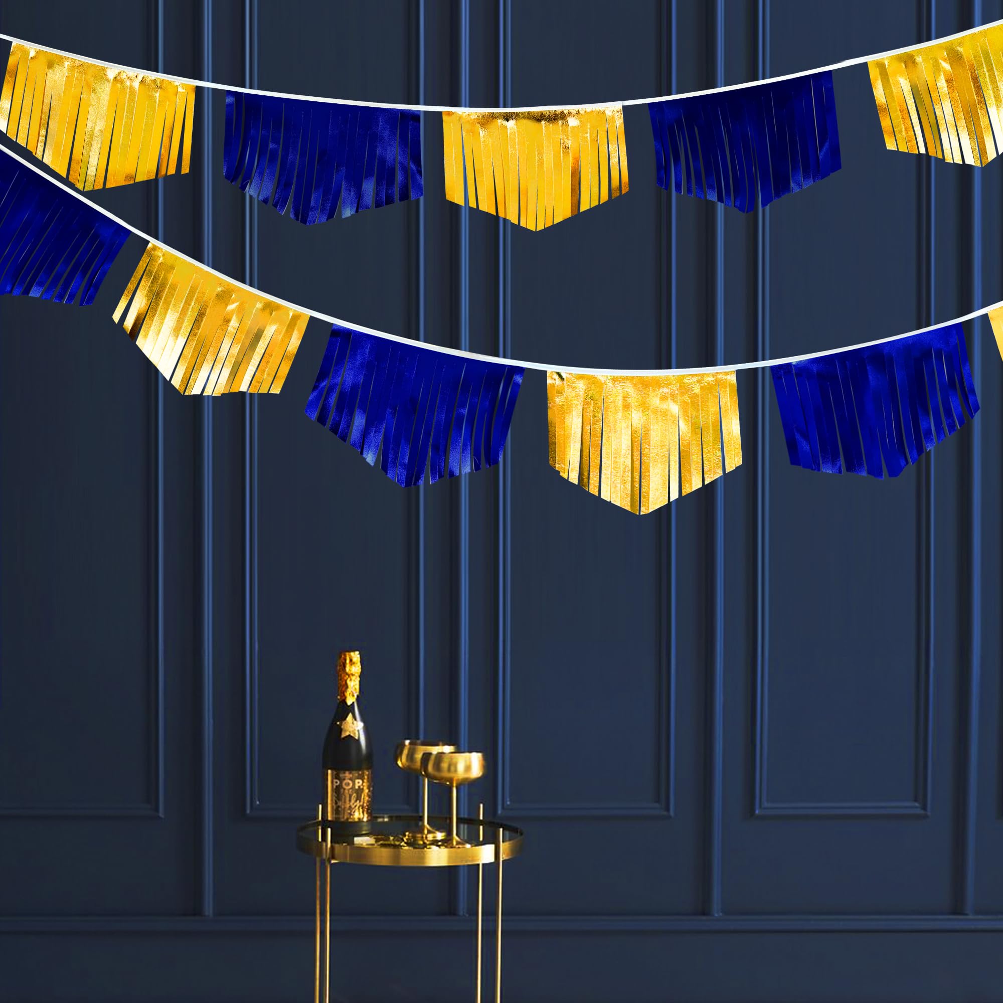 Royal Blue Gold Tassel Banner Metallic Fabric Pennant Bunting Flag For Graduation Retirement Bachelorette Birthday Engagement We