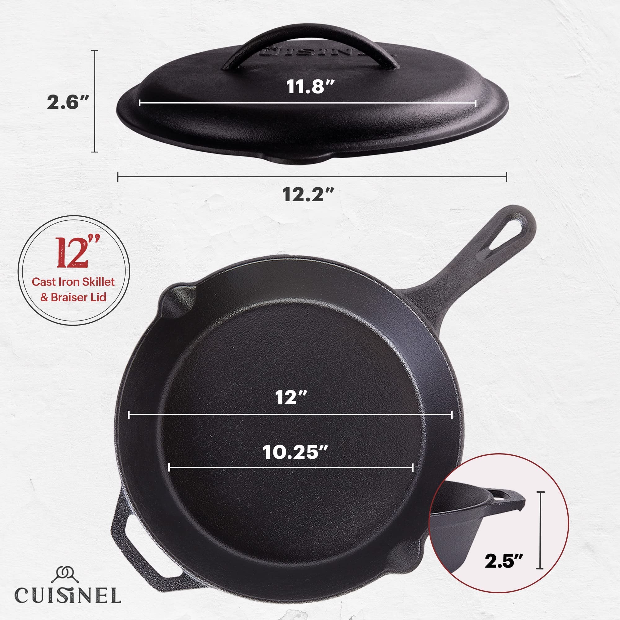 Cuisinel Cast Iron Skillet With Lid - 12''-Inch Pre-Seasoned Covered Frying Pan Set + Silicone Handle & Lid Holders + Scraper/Cl