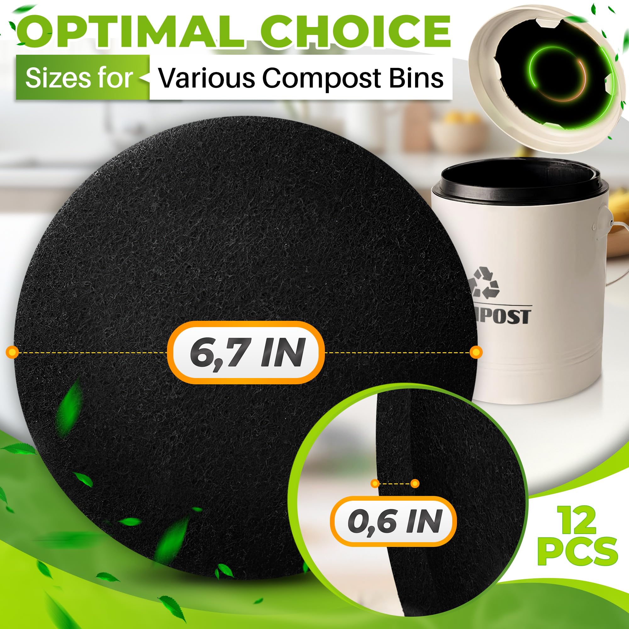 Charcoal Filters For Compost Bucket For Kitchen - 12Pcs Replacement Activated Charcoal Filter Kitchen Compost Bin 6.7 Inch - Gar