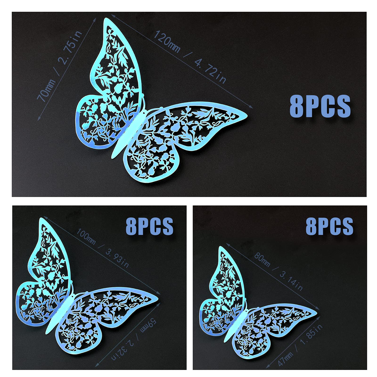 AIEX 3D Butterfly Ornaments - 24 Pack, Rainbow Blue, Paper, Model D04083 - Decorative Home Decor