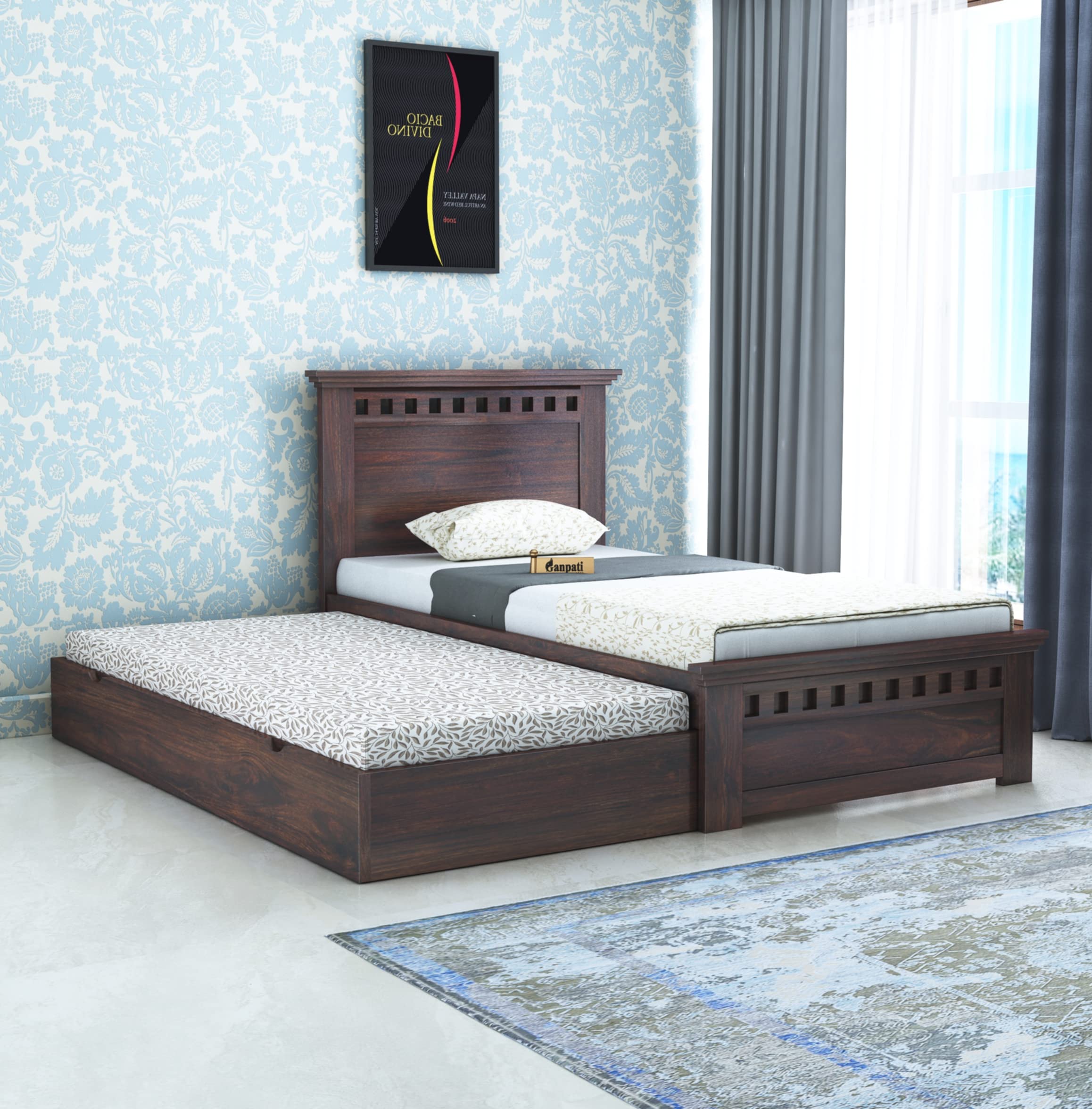 Ganpati Arts Sheesham Wood Armania Single Size Trundle Bed With 1 Extra Pullout Bed Bedroom Living Room Home Hostel (Walnut Fini