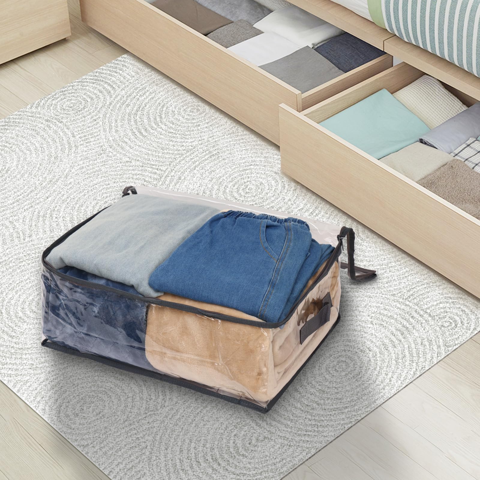 Fixwal 2pcs Clear Clothes Organizer Storage Bags, Foldable Bed Sheet Comforter Storage Bags PVC Organizers with Zipper for Sweat