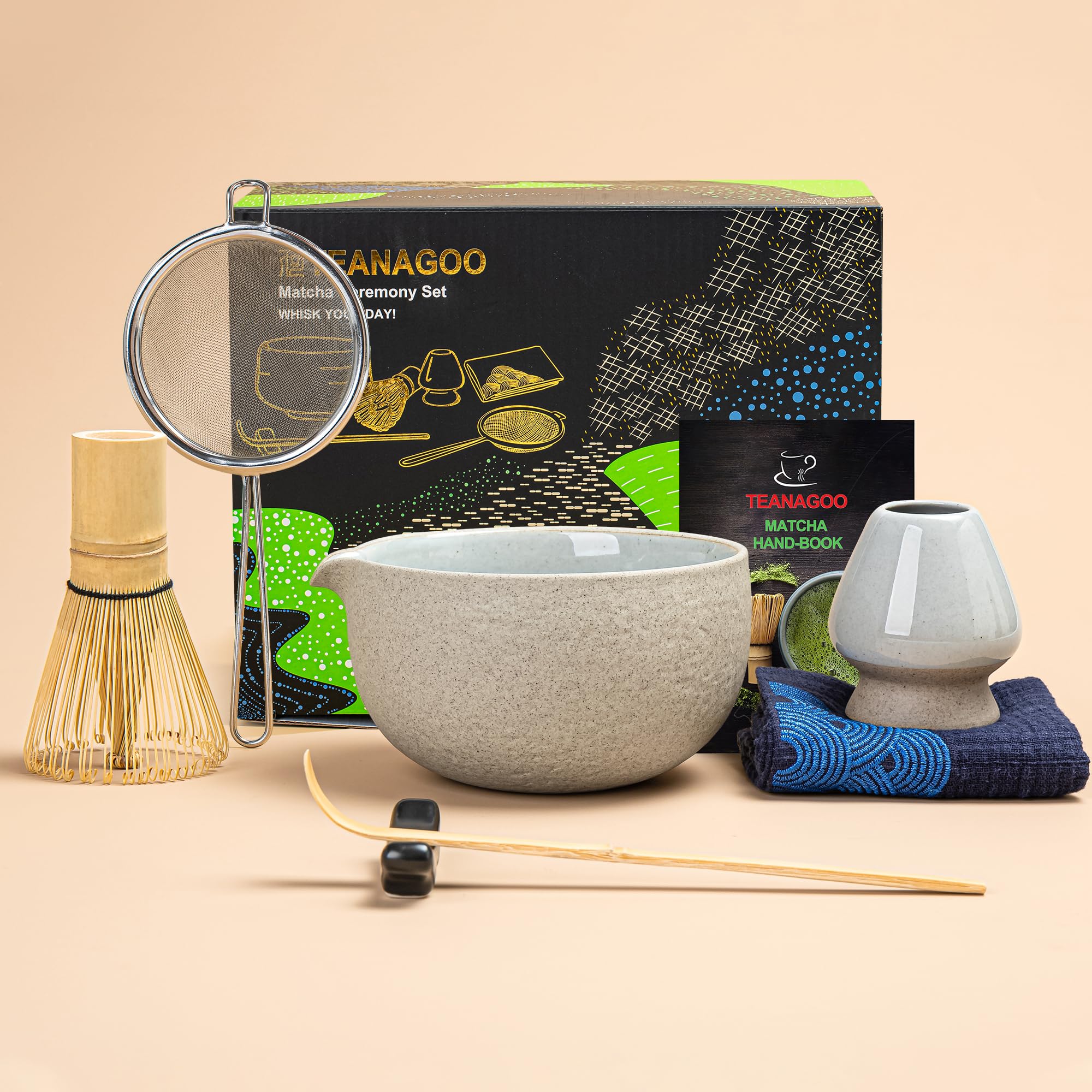 Teanagoo Japanese Tea Set (7 Pieces), Matcha Whisk Set, Matcha Bowl With Pourer, Bamboo Matcha Whisk (Chasen), Shovel (Chashaku)