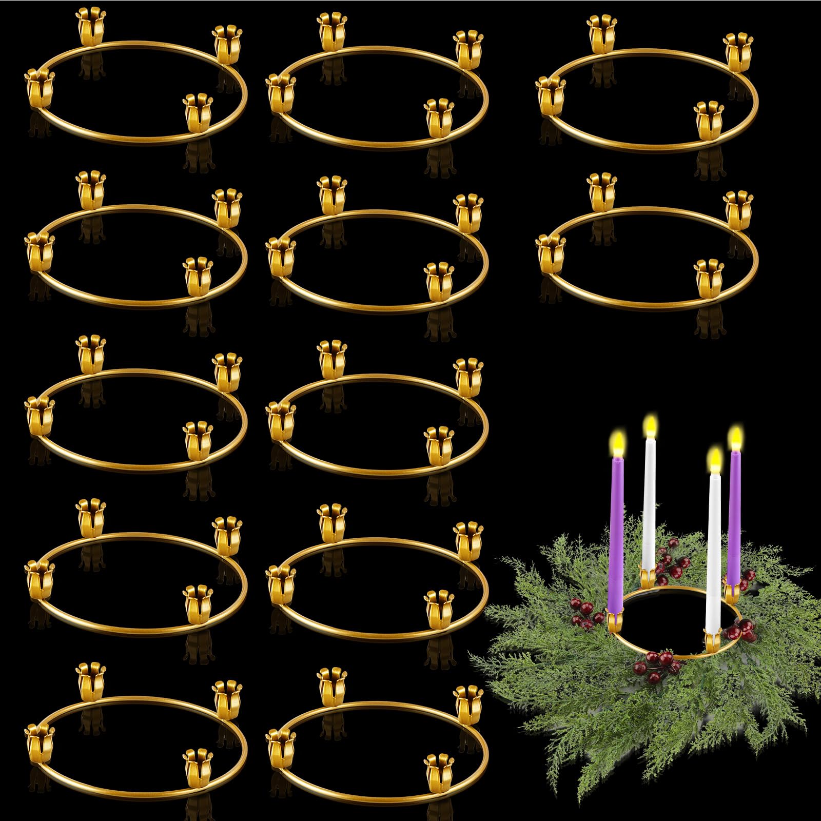Thyle 12 Pcs Metal Christmas Advent Wreath Rings Bulk Gold Advent Wreath Candle Holder Xmas DIY Taper Candle Rings Table Candela