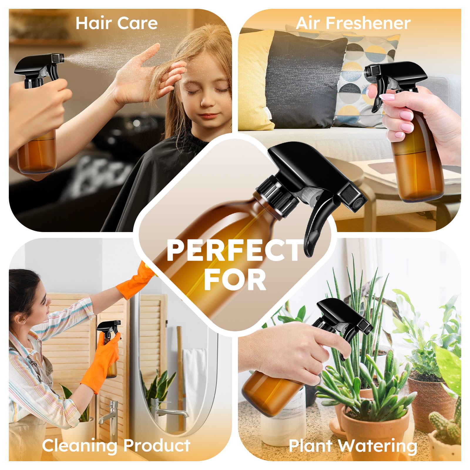 Tecohouse Glass Spray Bottles 8oz  Amber Hair Spray Bottles  2 Pack Empty Refillable Sprayer Container with Labels  Funnel  Lids  Graduated Pipettes - Handheld Size