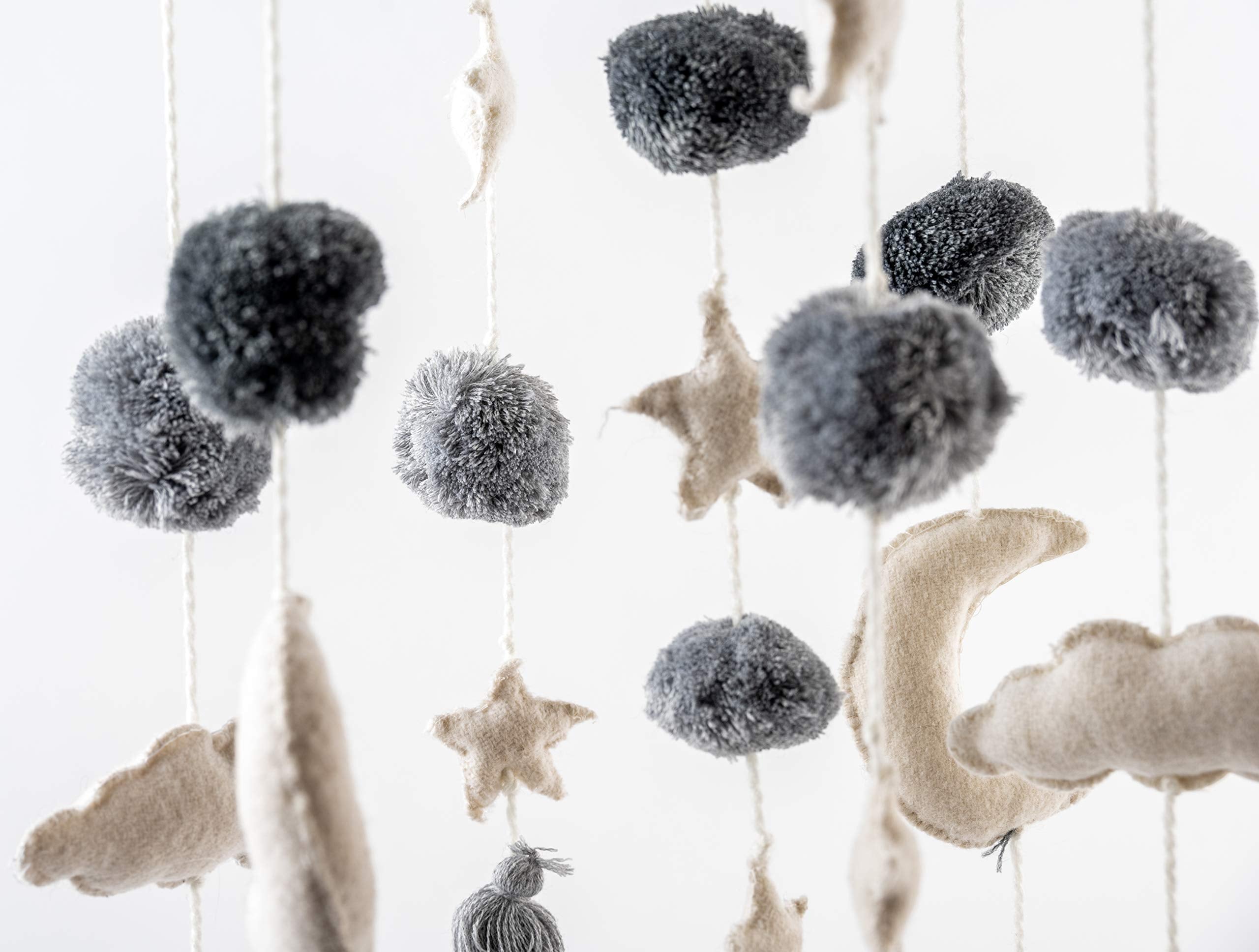 Mud Pie Pom Pom Stars and Clouds Celestial Crib Mobile - White and Grey  White/Grey