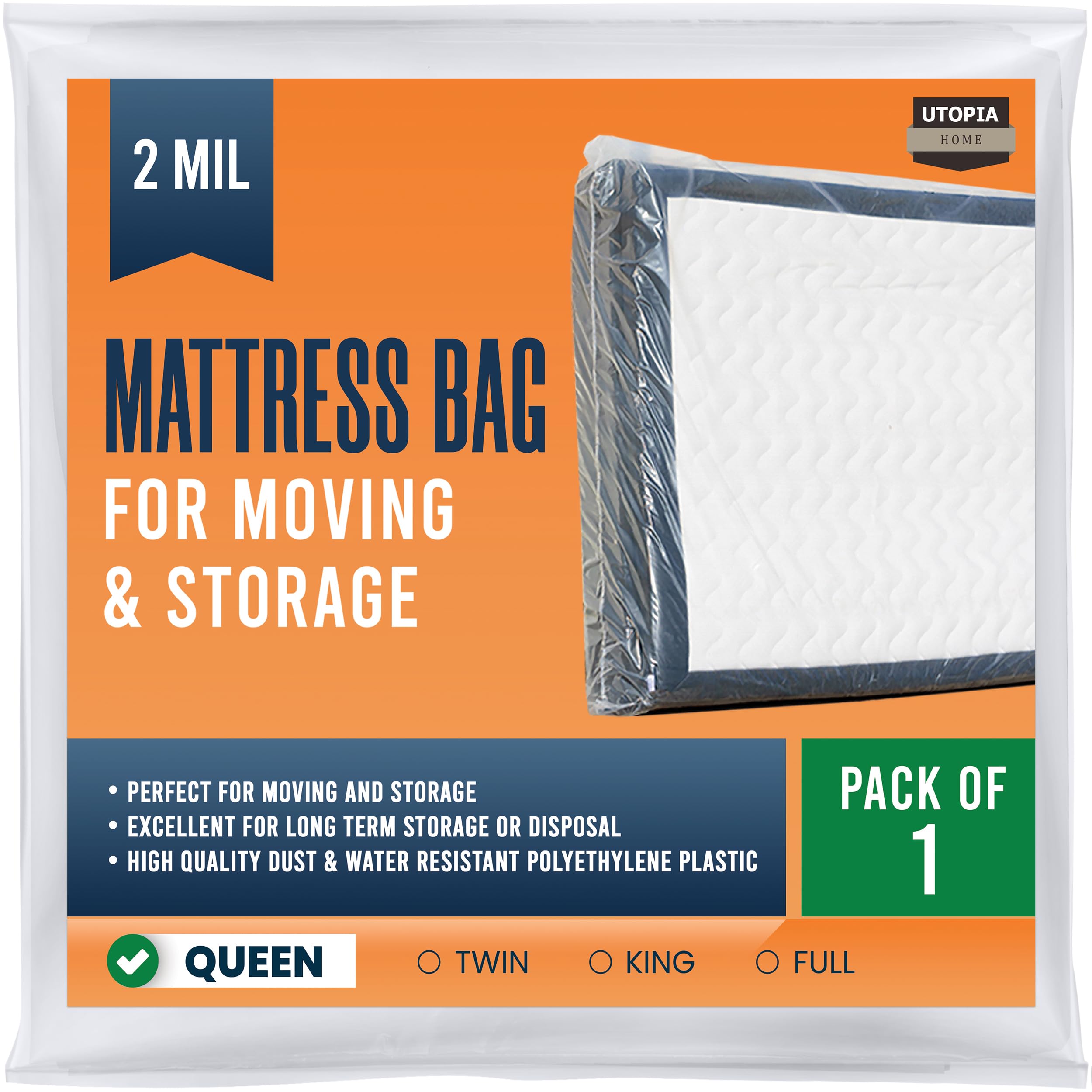 Utopia Home Mattress Bag For Moving Queen Size (Pack Of 1), 2 Mil Thick Mattress Storage Bag, Plastic Mattress Cover, Fits Mattr