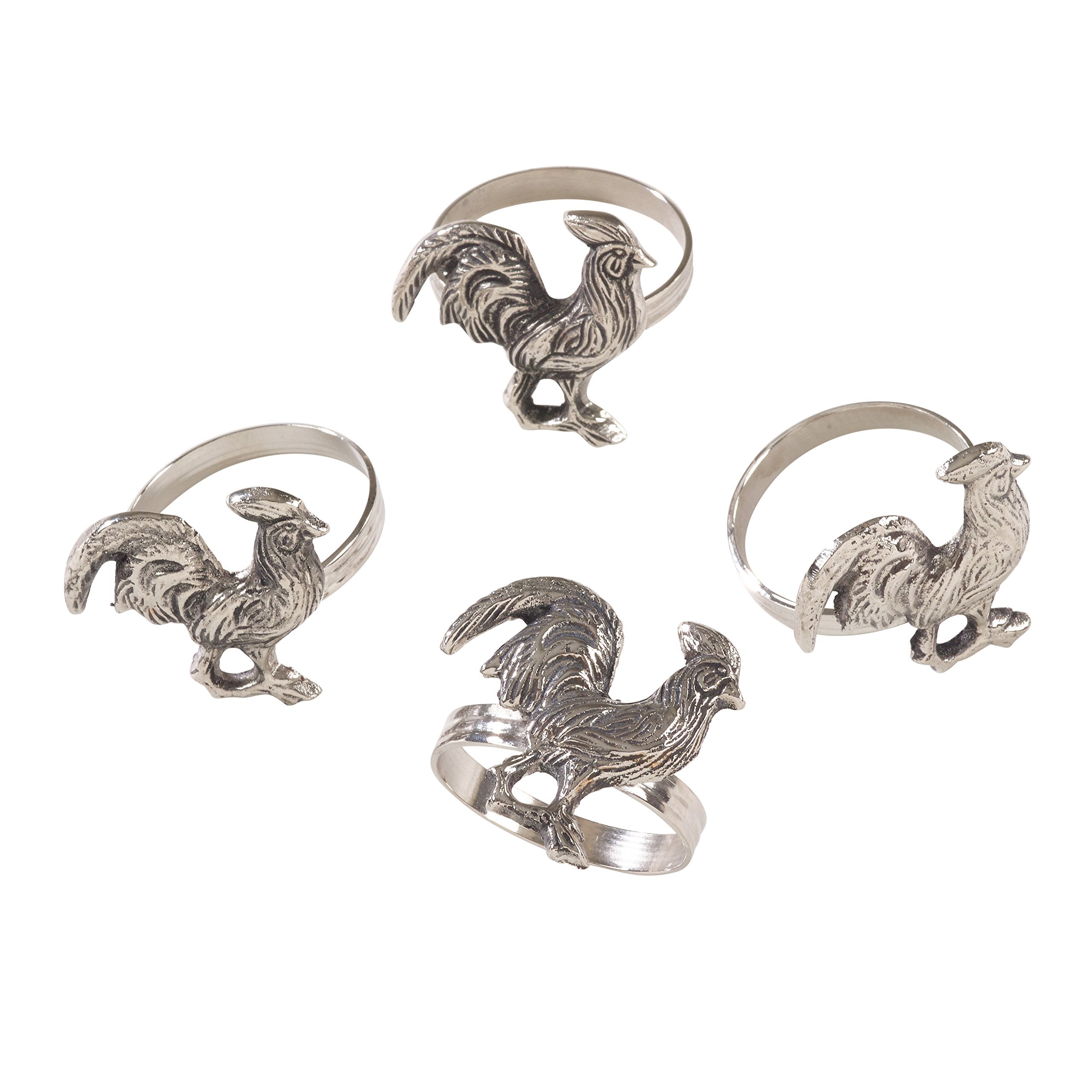 Saro Lifestyle Nr252.Ss Rooster Design Farmhouse Style Napkin Ring-Set Of 4, Silver, 2.5'' X 3.5''