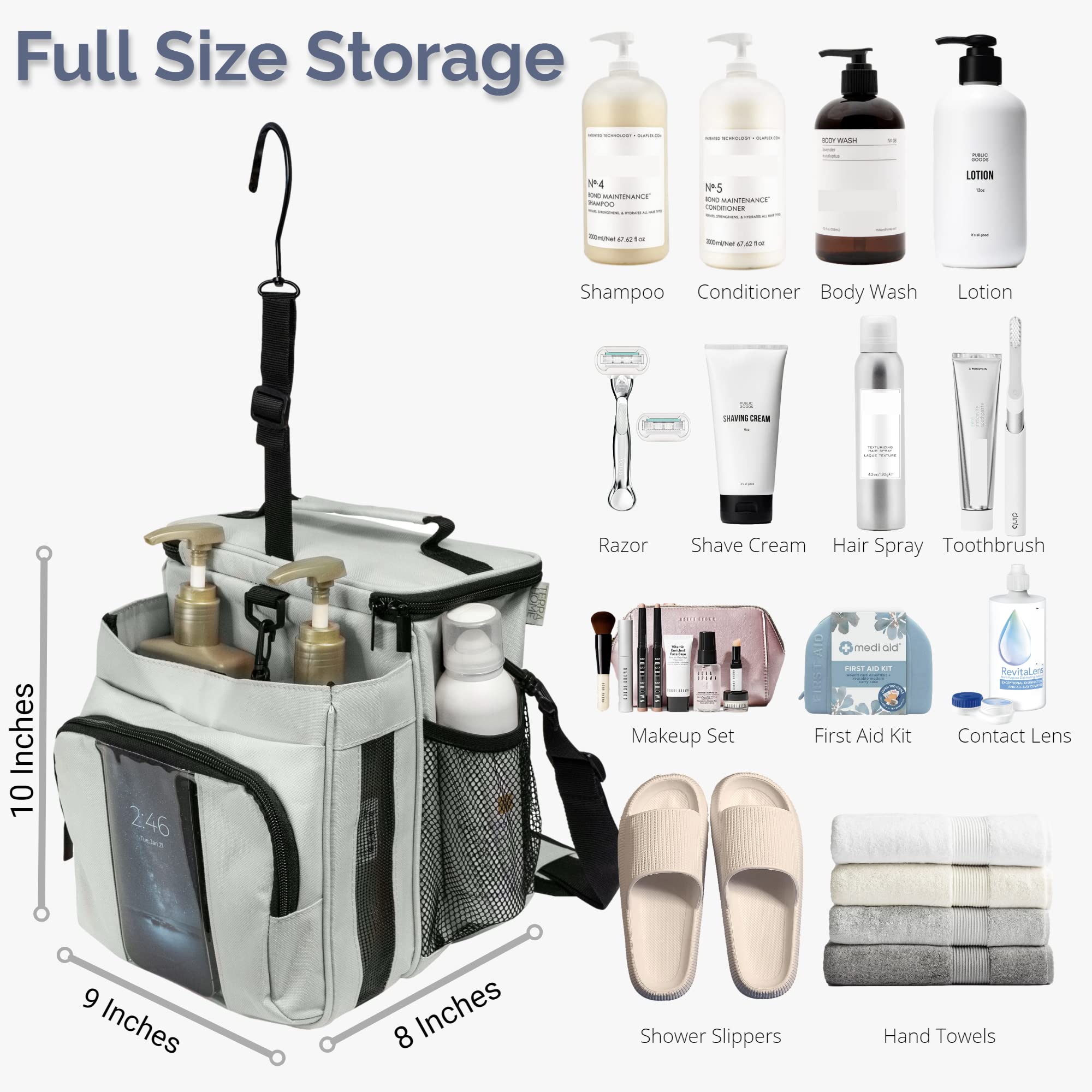 Terra Home Portable Shower Caddy Bag- Large Capacity, Quick Dry With Metal Hook - Hanging Shower Bag - Breathable Mesh Toiletry