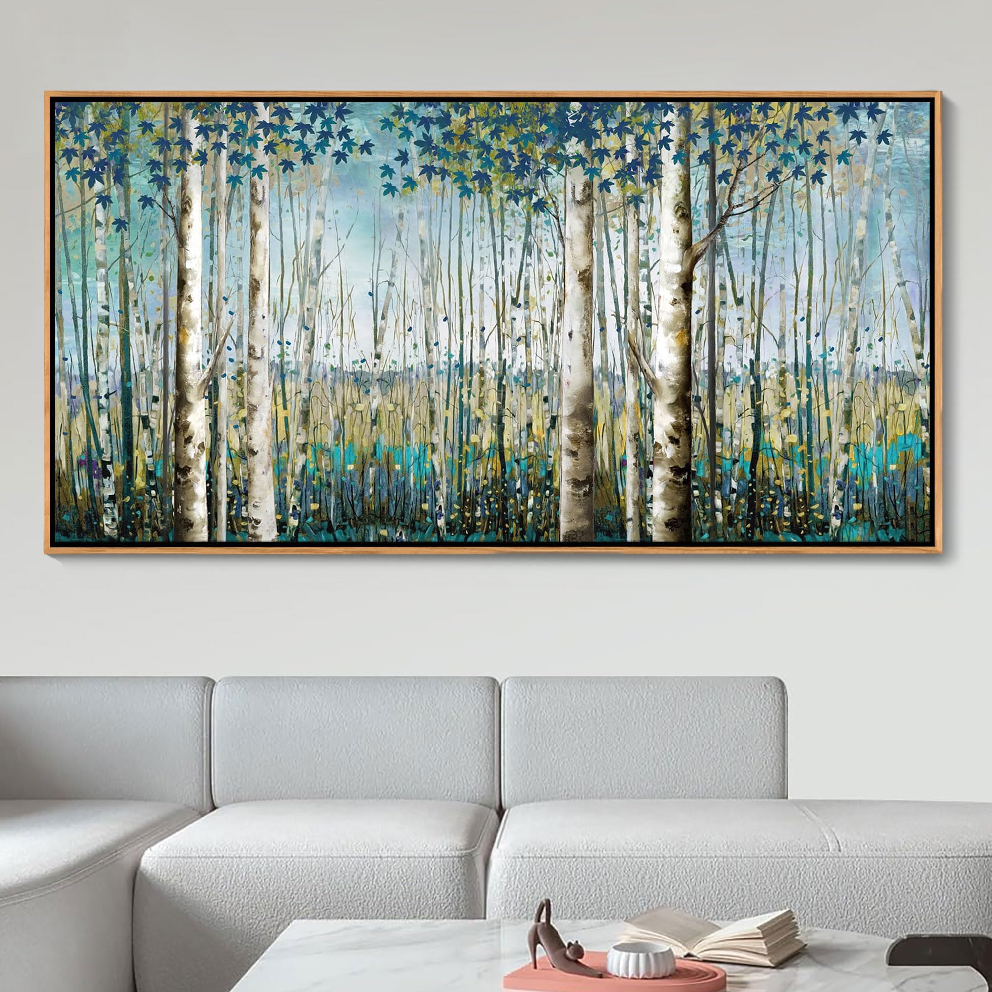 Dark Coffee Color Framed Green Landscape Birch Forest Wall Art Decoration Natural Art Home Living Room Bedroom Office Wall Decor
