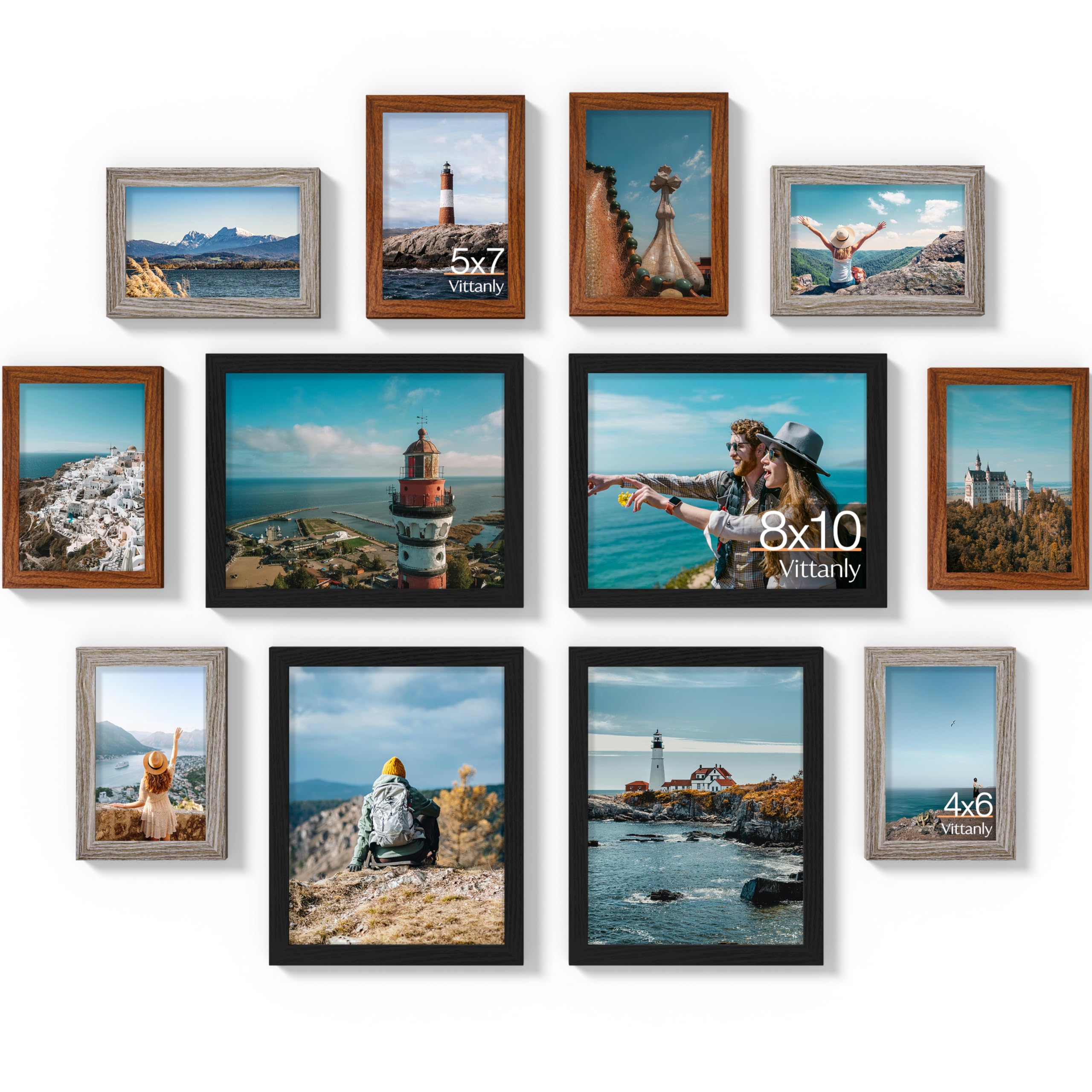 Vittanly 12 Pack Picture Frames Collage Wall Decor for Mounting or Tabletop, Gallery Wall Frame Set for Family, Multi Sizes Incl