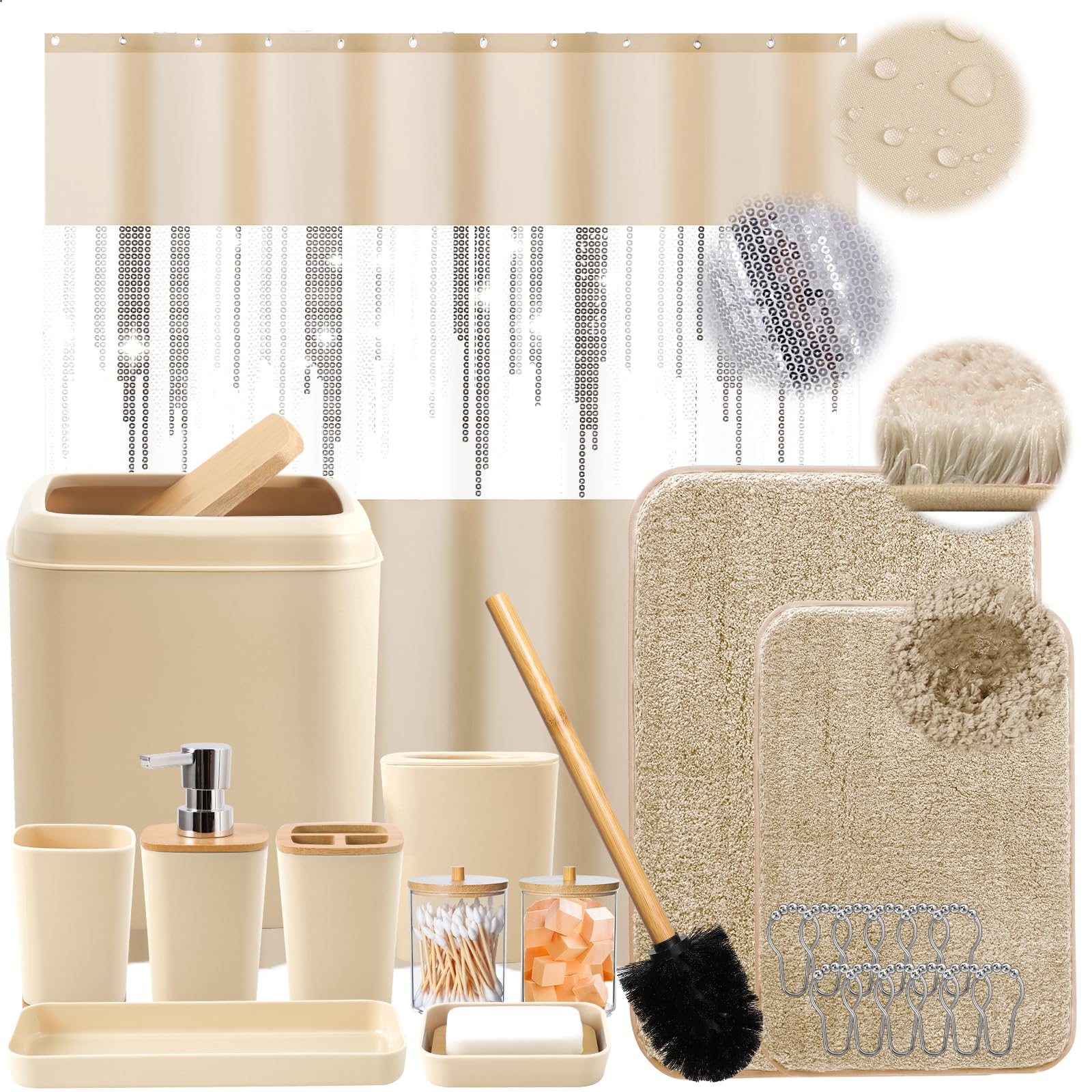 Beige Bathroom Accessories Set With Glitter Shower Curtain And Rugs,Bathroom Sets With Extra Soft And Absorbent Bath Rugs Sequin