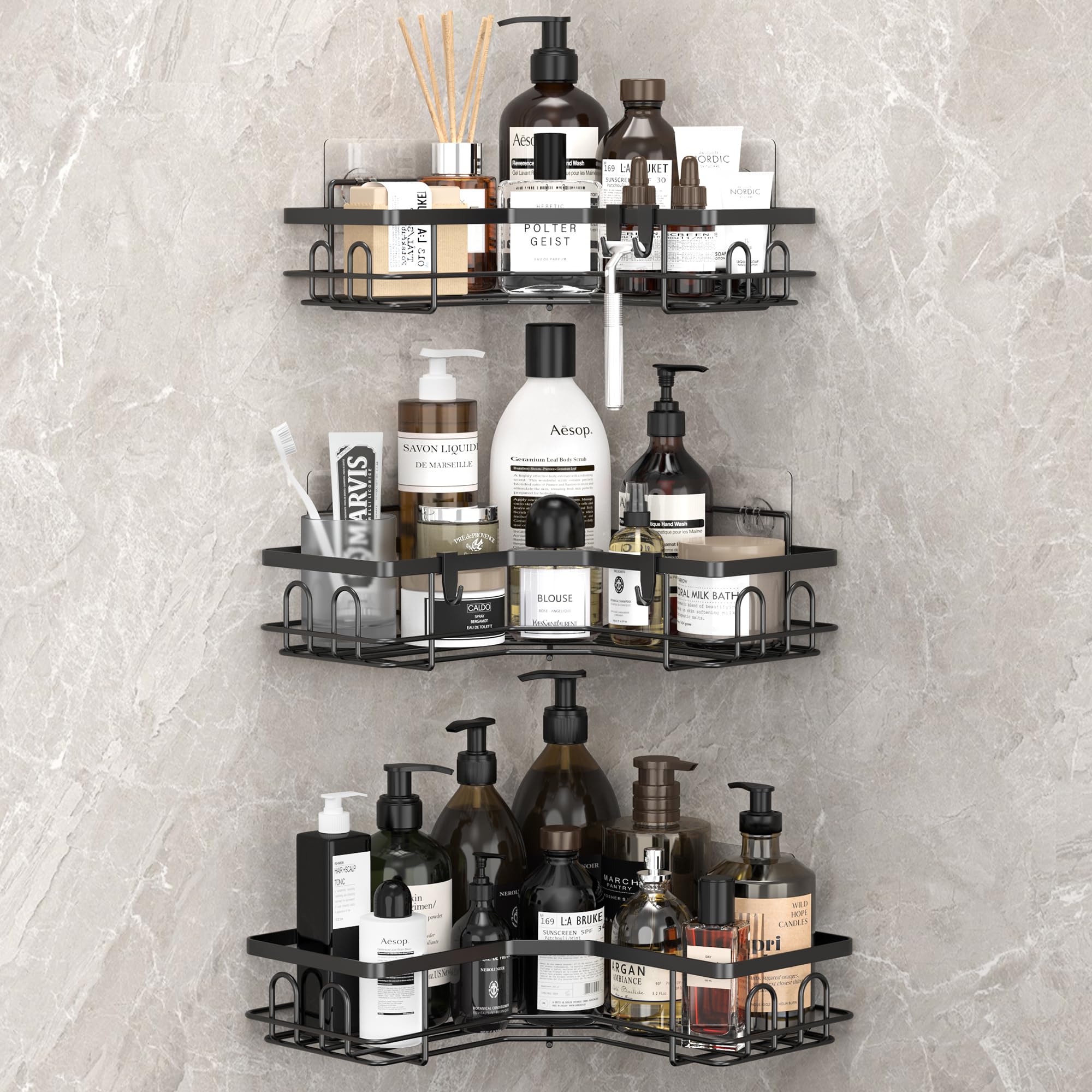 Huggiegems 3 Pack Corner Shower Caddy Organizer Shelf With Hooks, Black Bathroom Shelves Storage Organization