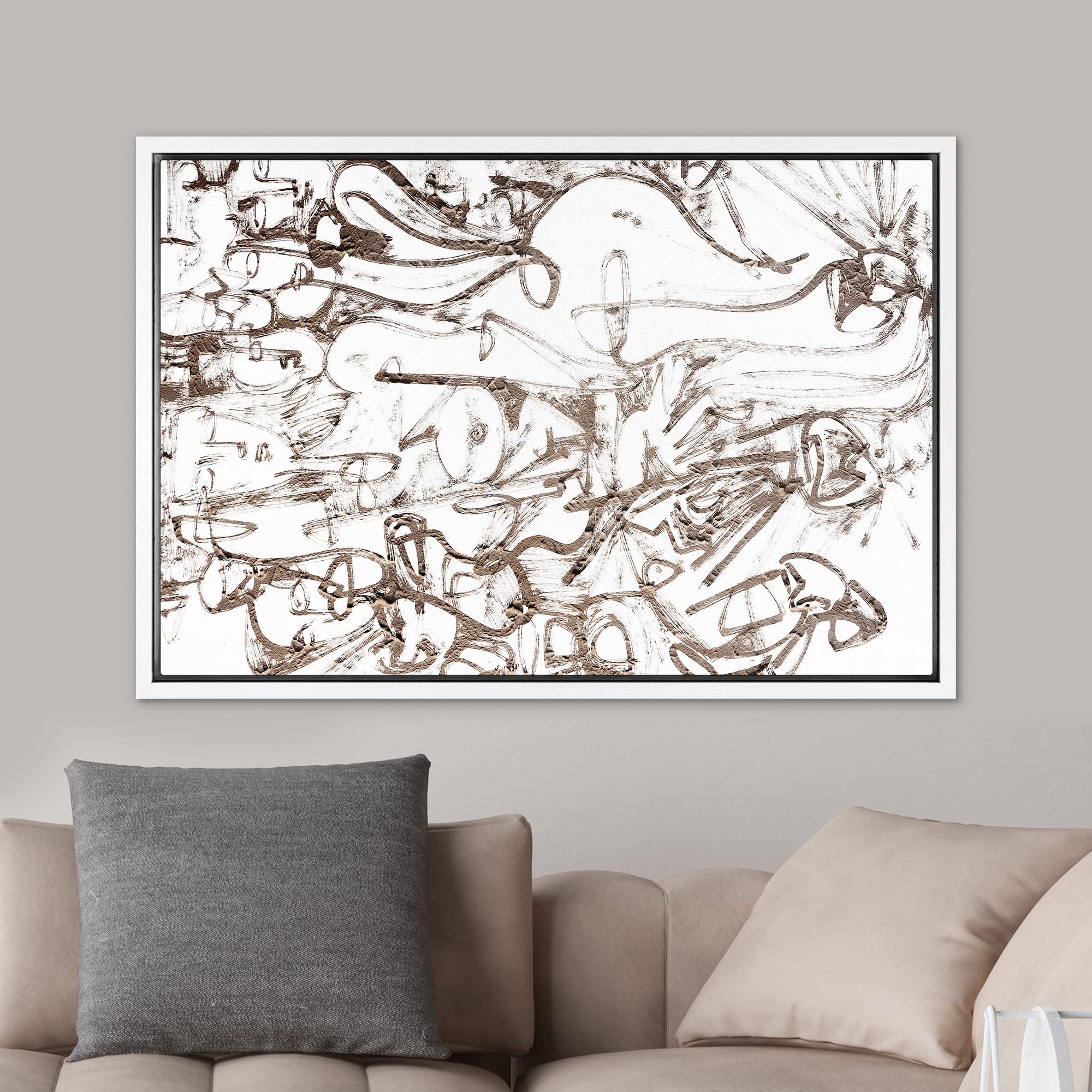 SIGNWIN Framed Canvas Print Wall Art Brown Paint Stroke Graffiti Landscape Abstract Geometric Illustrations Modern Art Minimalism Relax/Calm Zen for Living Room  Bedroom  Office - 24''x36'' WHITE