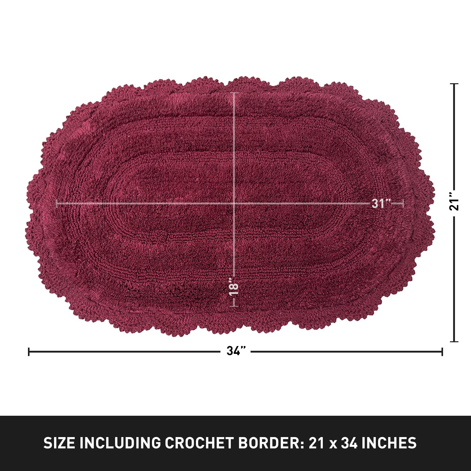 Chardin Home Burgundy Crochet Bathrug, 100% Cotton Oval Bathmat With Artisanally Handcrafted Crochet Border, 21X34 Inch, Medium