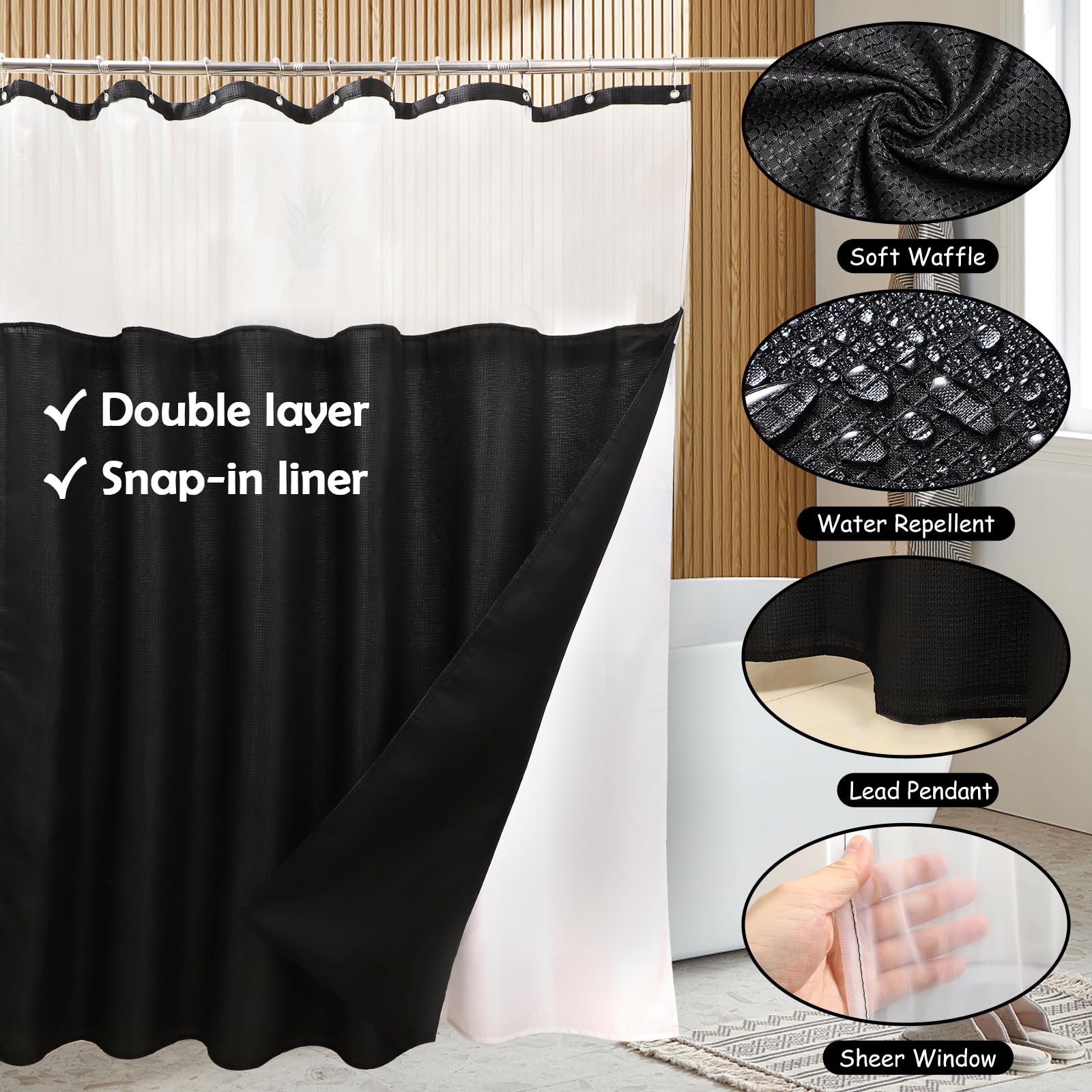 Complete Black Bathroom Accessories Set - Waffle Shower Curtain With Liner, Velvet Memory Foam Bath Rug, Trash Can, Toilet Brush