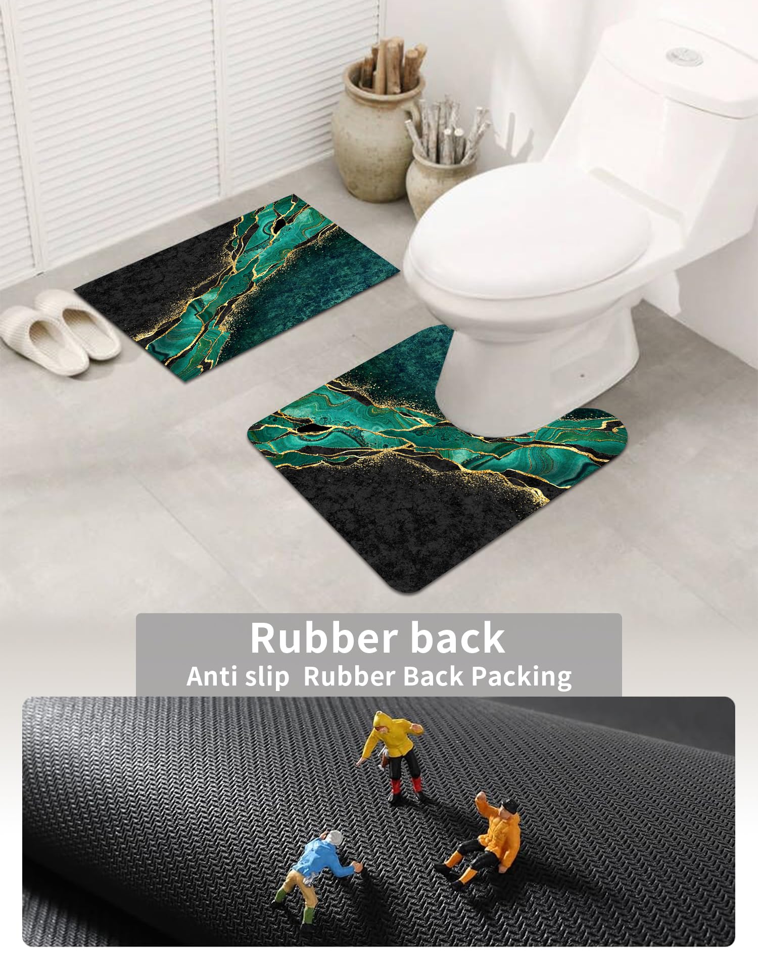 Muginyu Black And Gold Green Bathroom Rugs,Emerald Green Marble Bathroom Kitchen Decor Hunter Dark Green Bathroom Rug Set 3 Piec