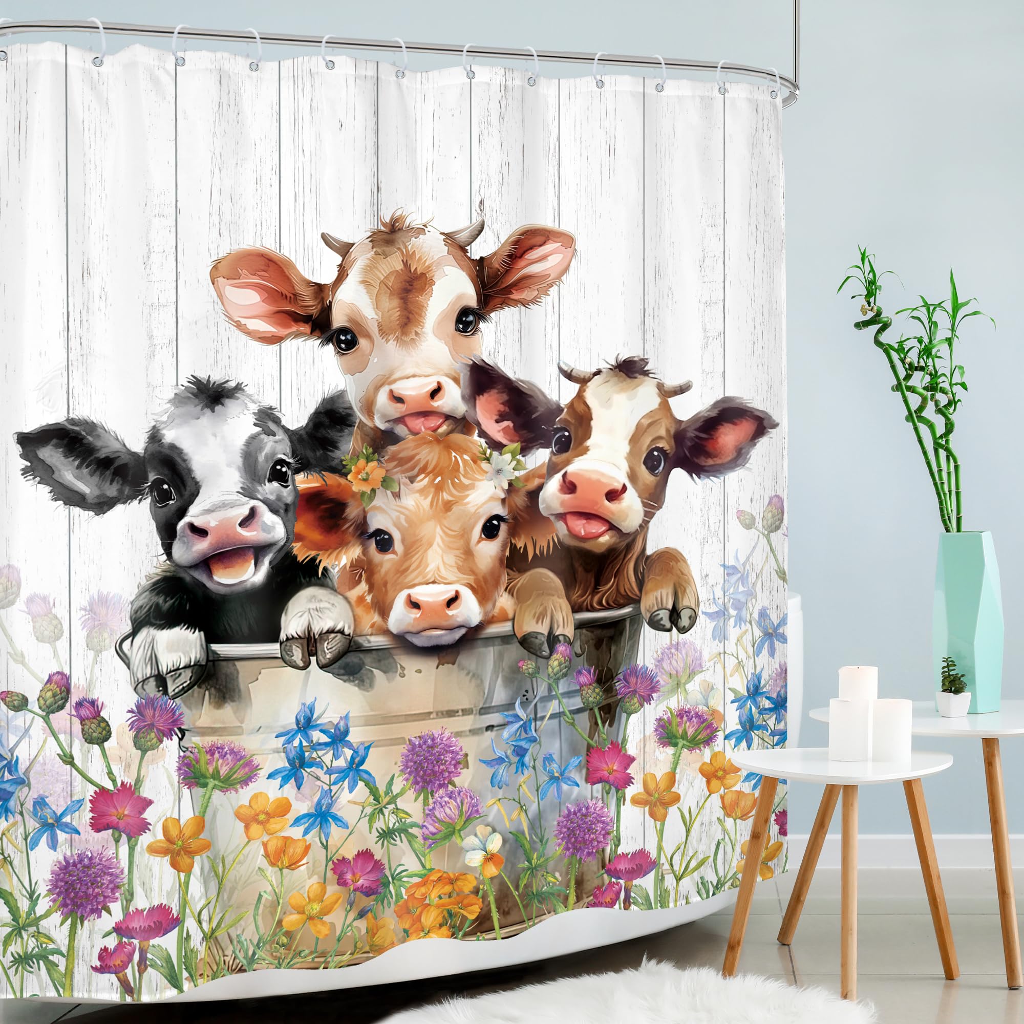 Mitpok Farm Highland Cow Shower Curtain 60Wx72H Funny Western Farmhouse Cute Cattle Bull Animal Rustic Floral Wildflower Plant B