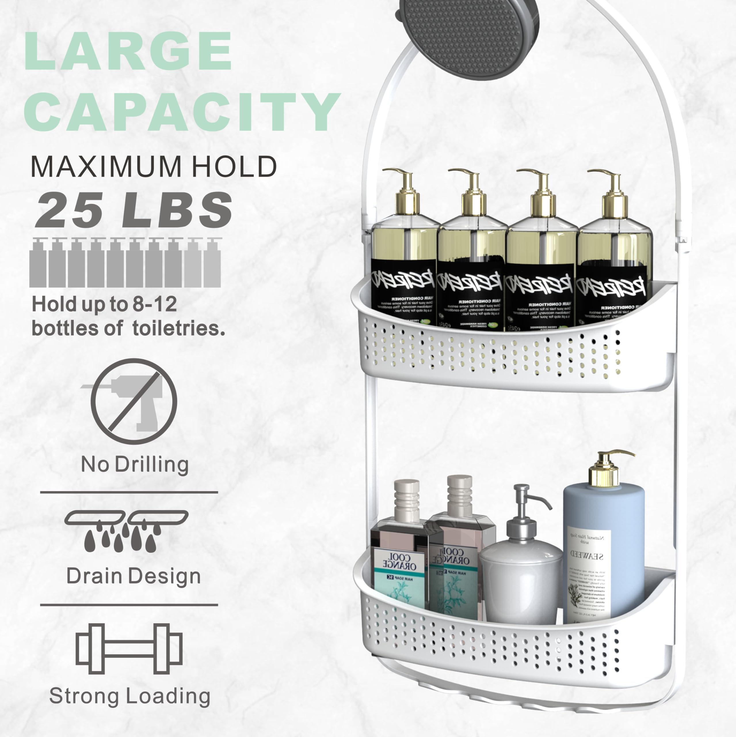 Emt Etrends Shower Caddy Hanging, Anti-Swing Over Head Shower Caddy,Plastic Bathroom Organizer, Multiple Hanging Modes Shelf Wit