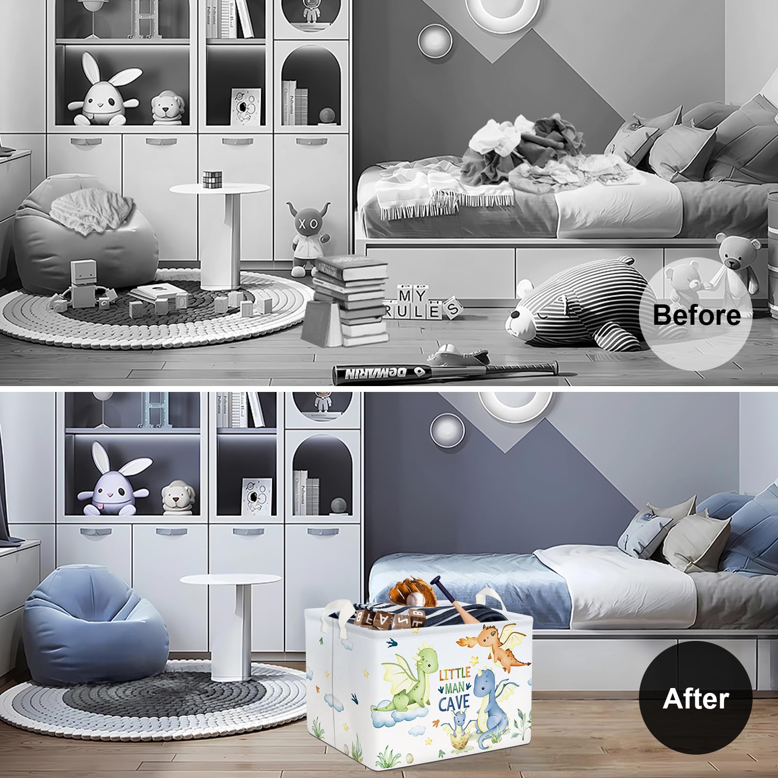 Clastyle 36L Large Rectangle Dragon Gift Basket Star Cloud Blue Book Shelf Basket With Handle Collapsible Toy Clothes Storage Ba
