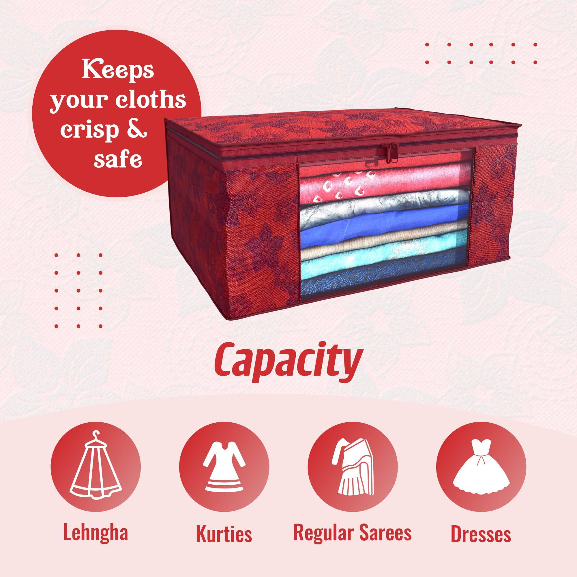 Kuber Industries Metalic Flower 6 Piece Non Woven Saree Cover Set, Large, Red