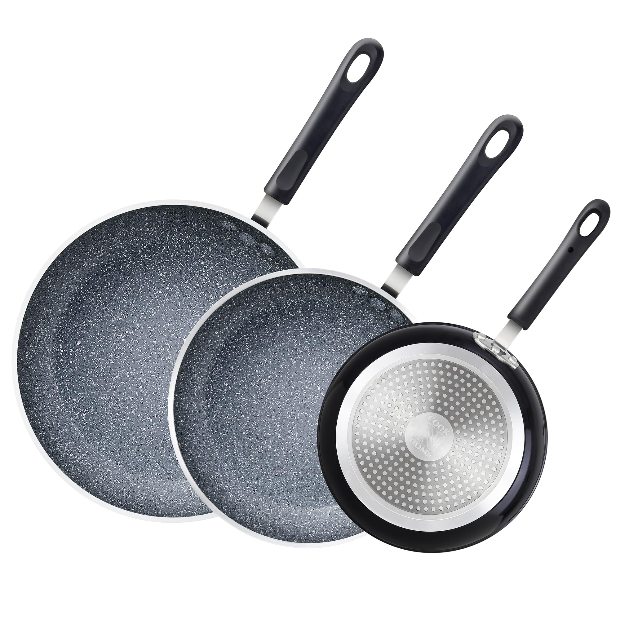 Cook N Home 8/10/12 3 Pieces Frying Saute Pan Set with Non-stick Coating and Induction Compatible bottom, Black