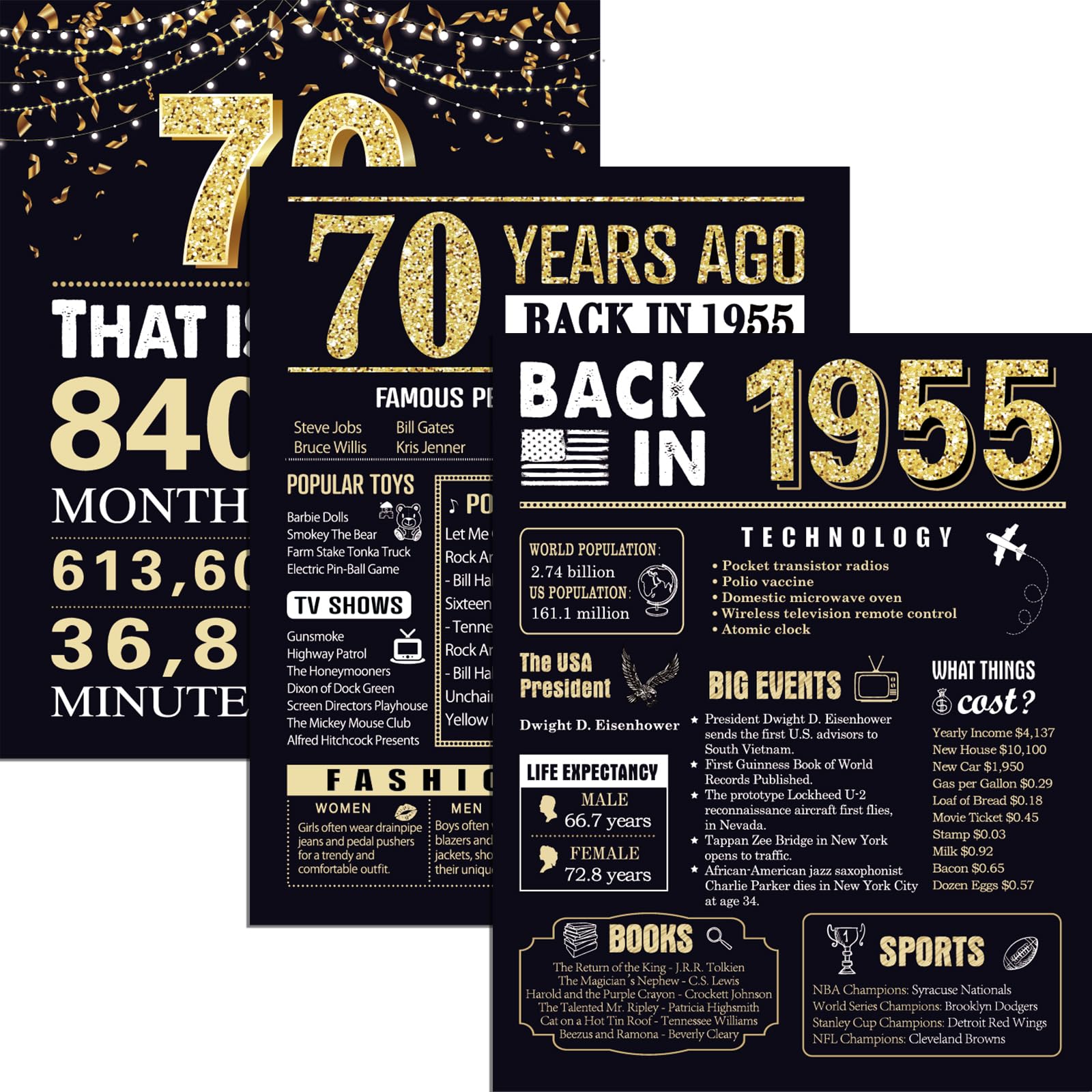 70 Years Ago 70th Birthday Wedding Anniversary Poster 3 Pieces 11 x 14 50s Party Decorations Supplies Large Sign Home Decor Black & Gold Wall Art Prints for Men and Women (Back in 1954-70 Years)
