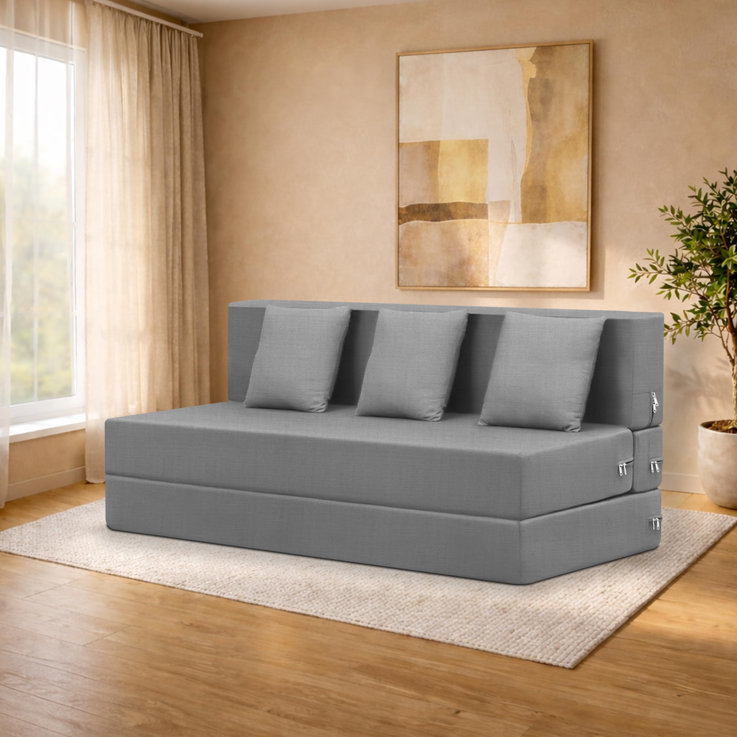 Deco Studio ThreeSeater Sofa Cum Bed Foldable Sofa Cum Bed Washable & Zipper |Jute Finish Fabric  Grey | 5 X 6 Feet