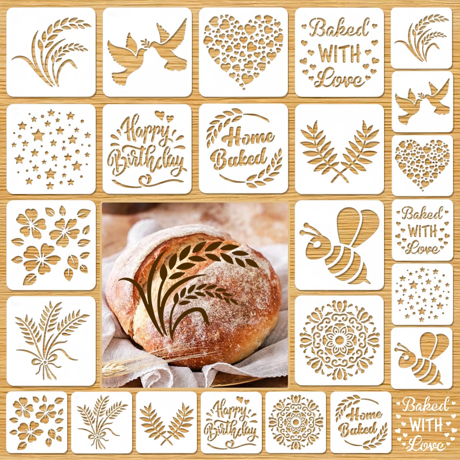 24PCS Artisan Bread Stencils for Sourdough Bread Stencils Baking Mold Set, Cakes, Cookies and Pie Baking Tools for Decorating, 1