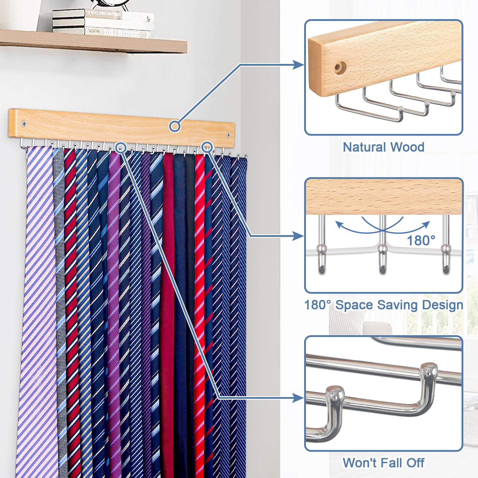 Tie Rack Wall Mounted, Natrual Wood Tie Organizer Holds 20 Ties/Belt/Purse, Tie And Belt Organizer W/ 360 Roatable Hooks,Screw N