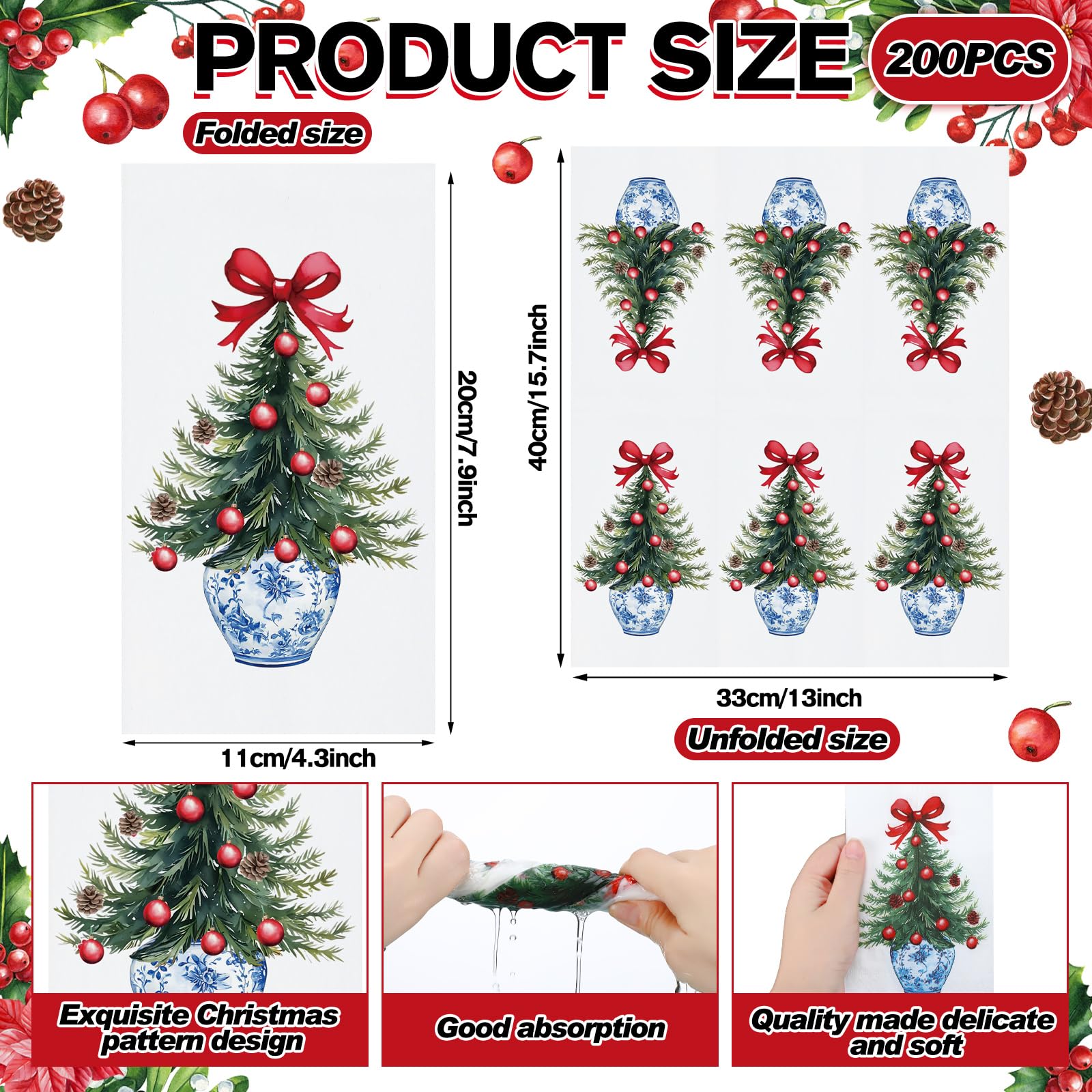Jetec 200 Pcs Christmas Tree Disposable Hand Towels for Bathroom Chinoiserie Christmas Tree Paper Guests Napkins Decorative Disp