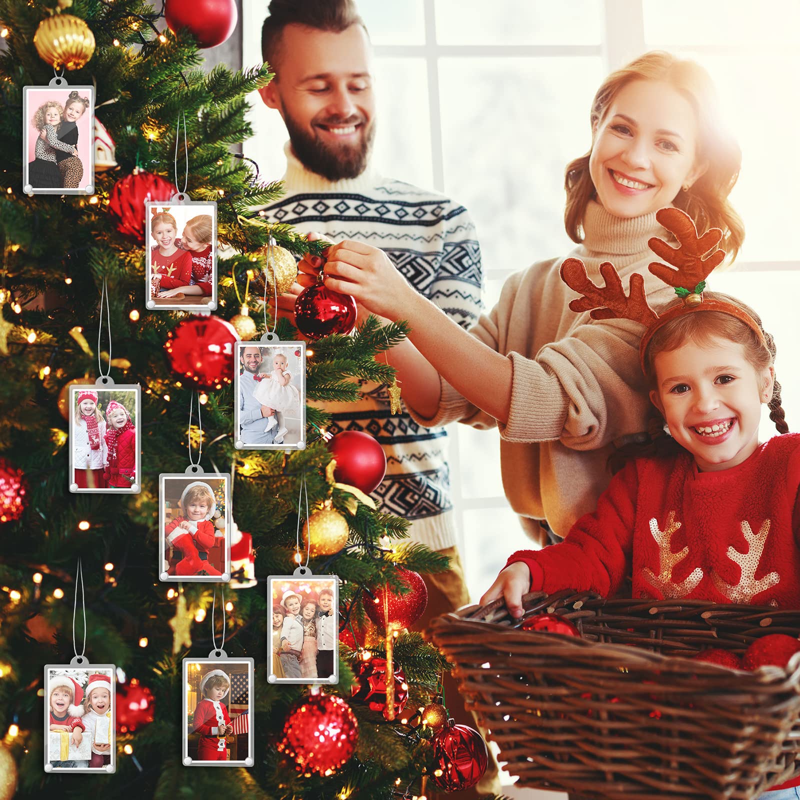 Weysat 8 Pcs Christmas Photo Ornaments Small Hanging Picture Frame Ornaments Wallet Size Picture Frames for Christmas Tree Decor