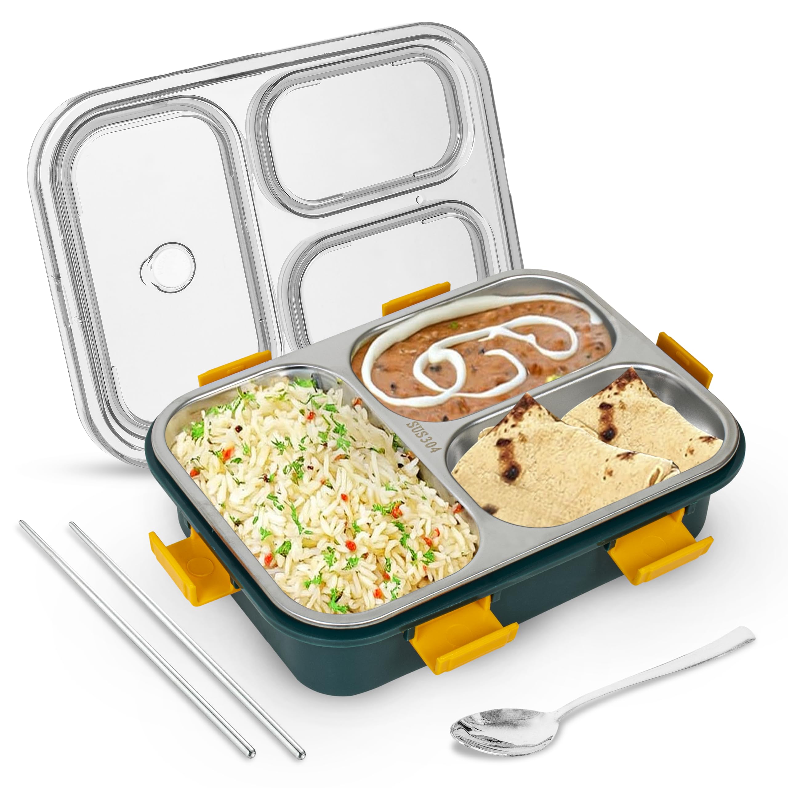 Tekcool Lunch Box For Adults - Lunch Box For Kids With Spoon & Fork - Stainless Steel Lunch Box With 3 Compartment - Durable Per